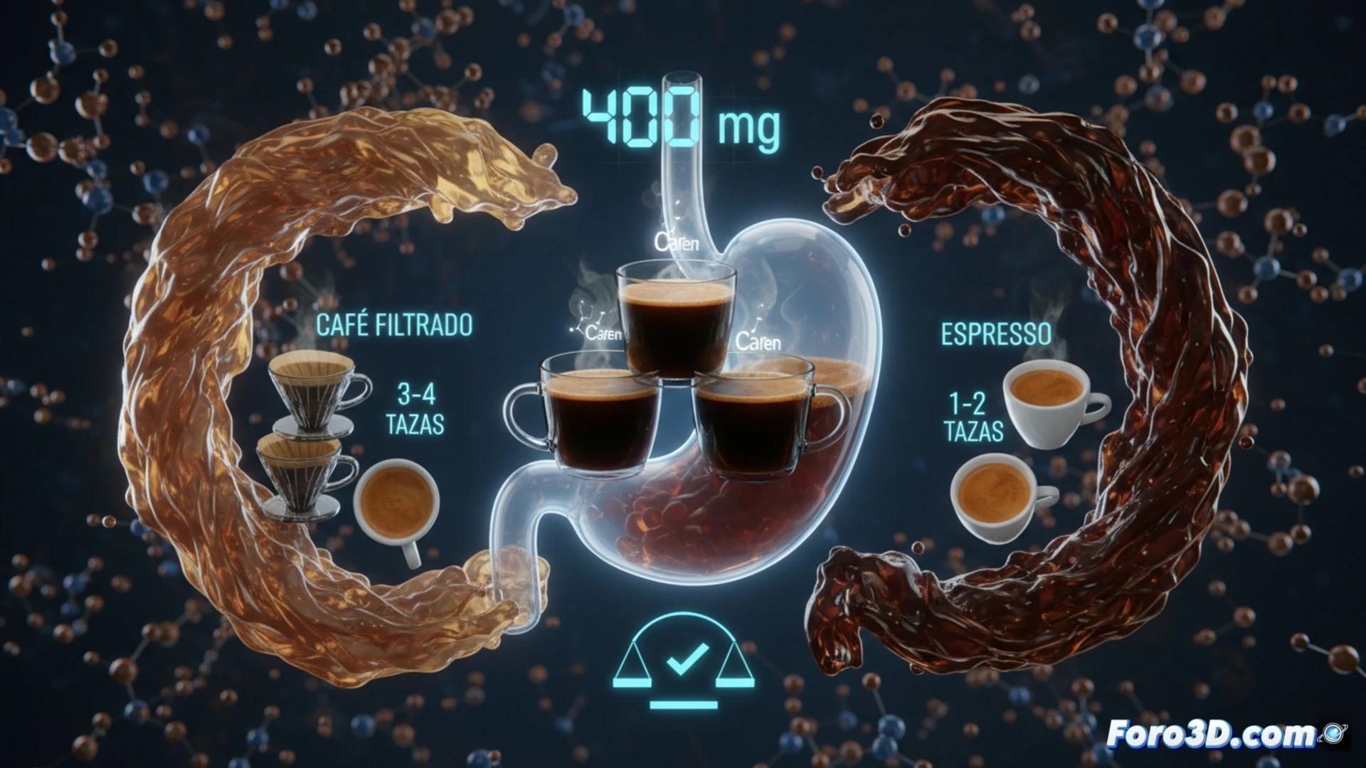 Infografía 3D de taza de café con niveles de cafeína y límite seguro de 400 mg