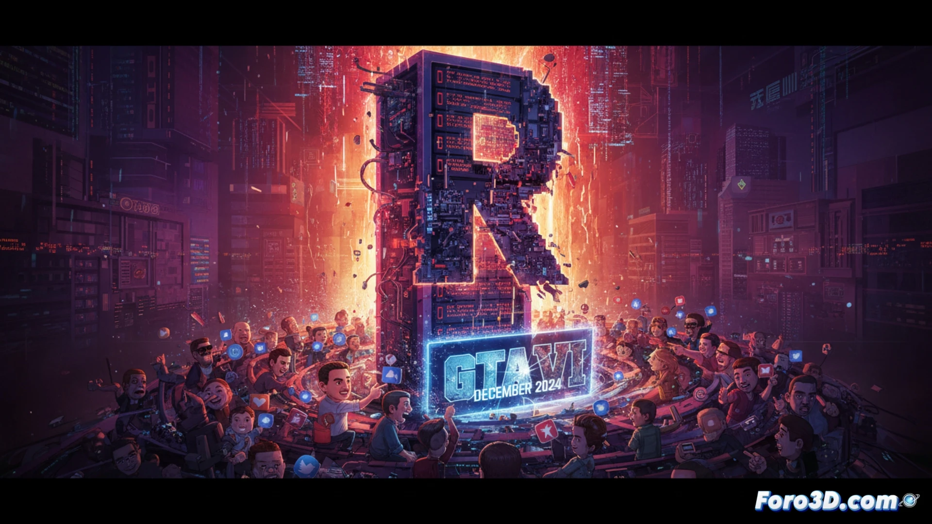 Pantalla de error 404 de Rockstar Games en tonos oscuros, con fondo borroso de Los Santos al atardecer. Un reloj digital marca las 19:00 y el texto 'GTA VI' parpadea en rojo.
