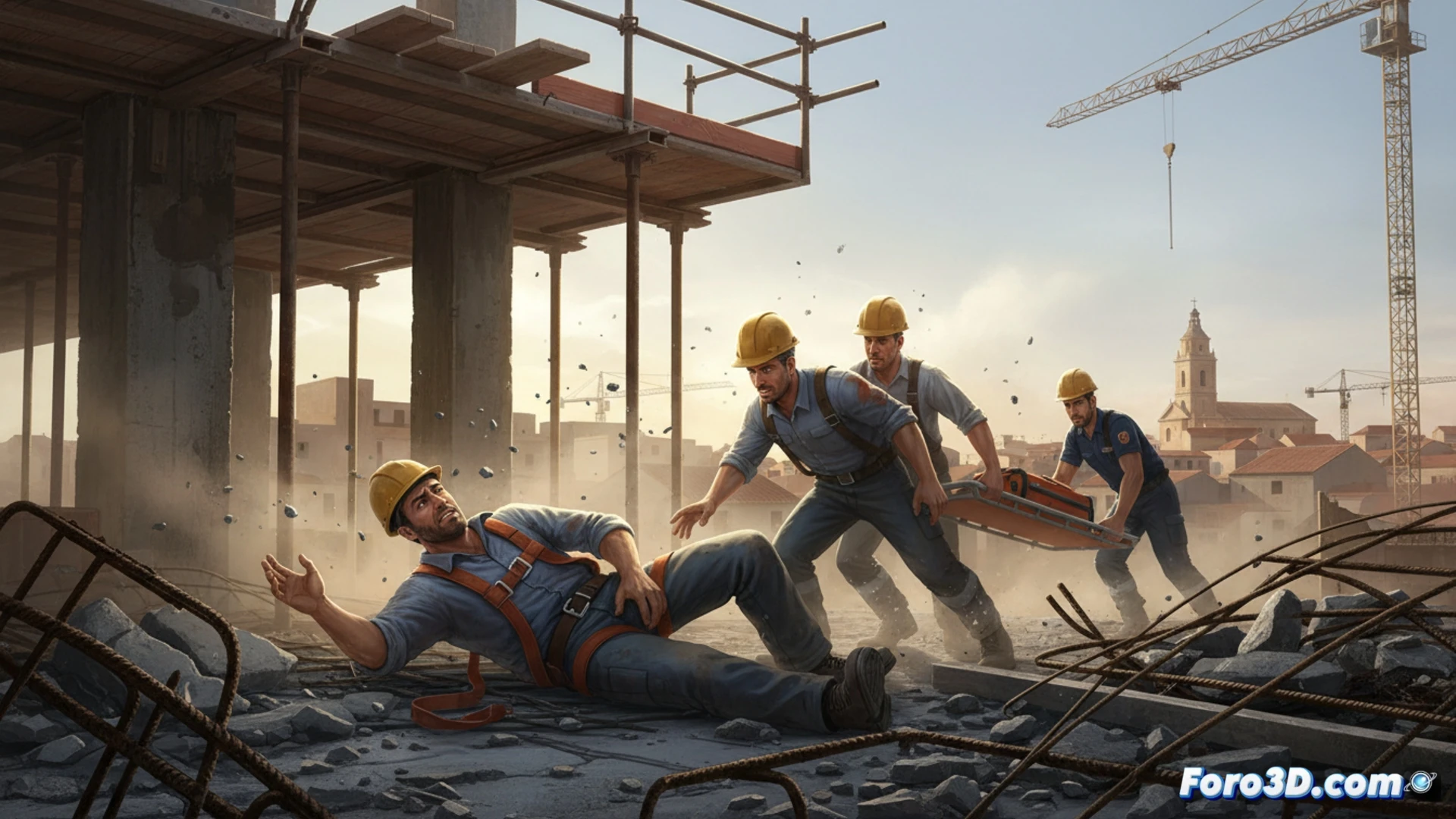 construction worker falling from scaffolding at a building site, three-metre drop in progress, worker losing balance while handling a heavy metal beam, safety harness unattached, hard hat falling off, exposed rebar and concrete pillars, scattered tools on the ground, emergency responders rushing in with stretcher, yellow hard hats and reflective vests, dust particles suspended in sunlight, photorealistic engineering visualization, dramatic mid-action scene, cinematic lighting, ultra-detailed safety equipment, industrial construction environment