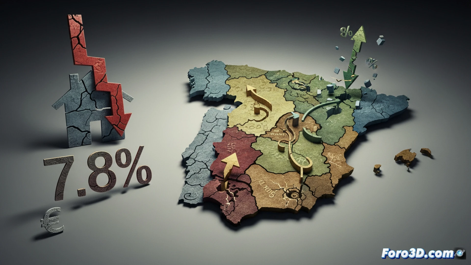 photorealistic architectural visualization of a fragmented Spanish housing market, a downward-trending bar chart made of concrete blocks collapsing on one side while a resilient pillar rises on the opposite side, glowing red dots marking falling prices over coastal islands, blue dots marking rising activity in central inland regions, a cracked digital tablet displaying housing data on a construction site, dust particles suspended in air during the collapse, cinematic dramatic lighting with shadows, ultra-detailed urban background with cranes stopped mid-motion, technical engineering illustration style, sharp focus on structural failure and material textures