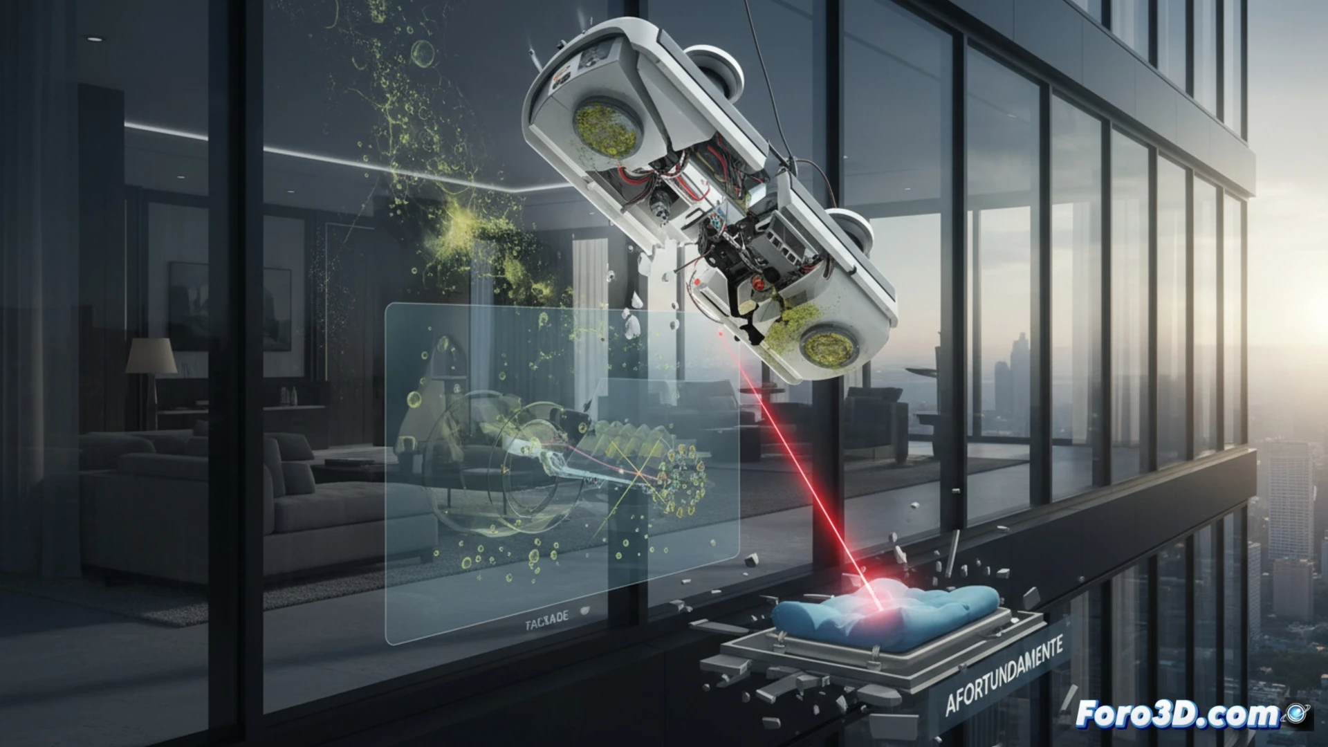 Simulación 3D de robot limpiacristales cayendo desde rascacielos, impacto en acera y análisis forense detallado