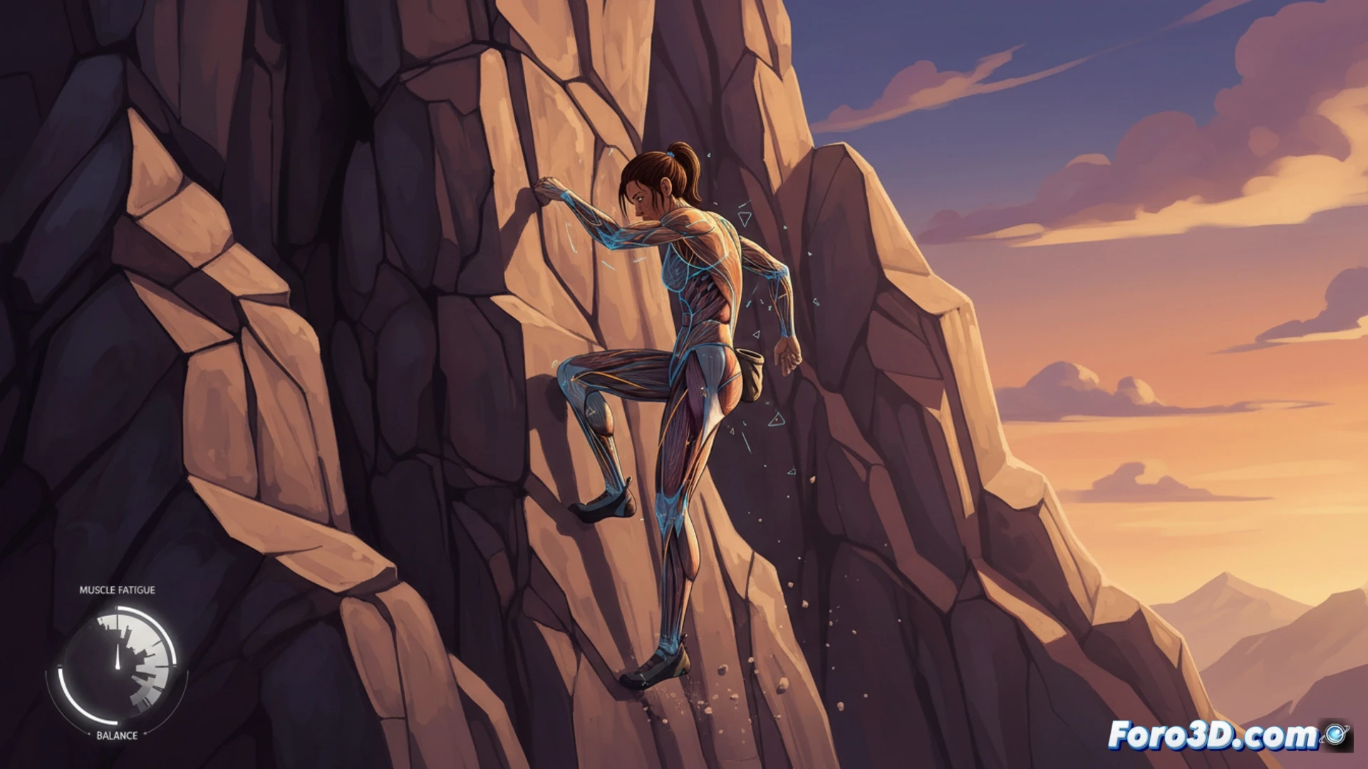 Captura de Cairn mostrando escalada en acantilado con estilo cel-shaded y personaje agarrado a la roca