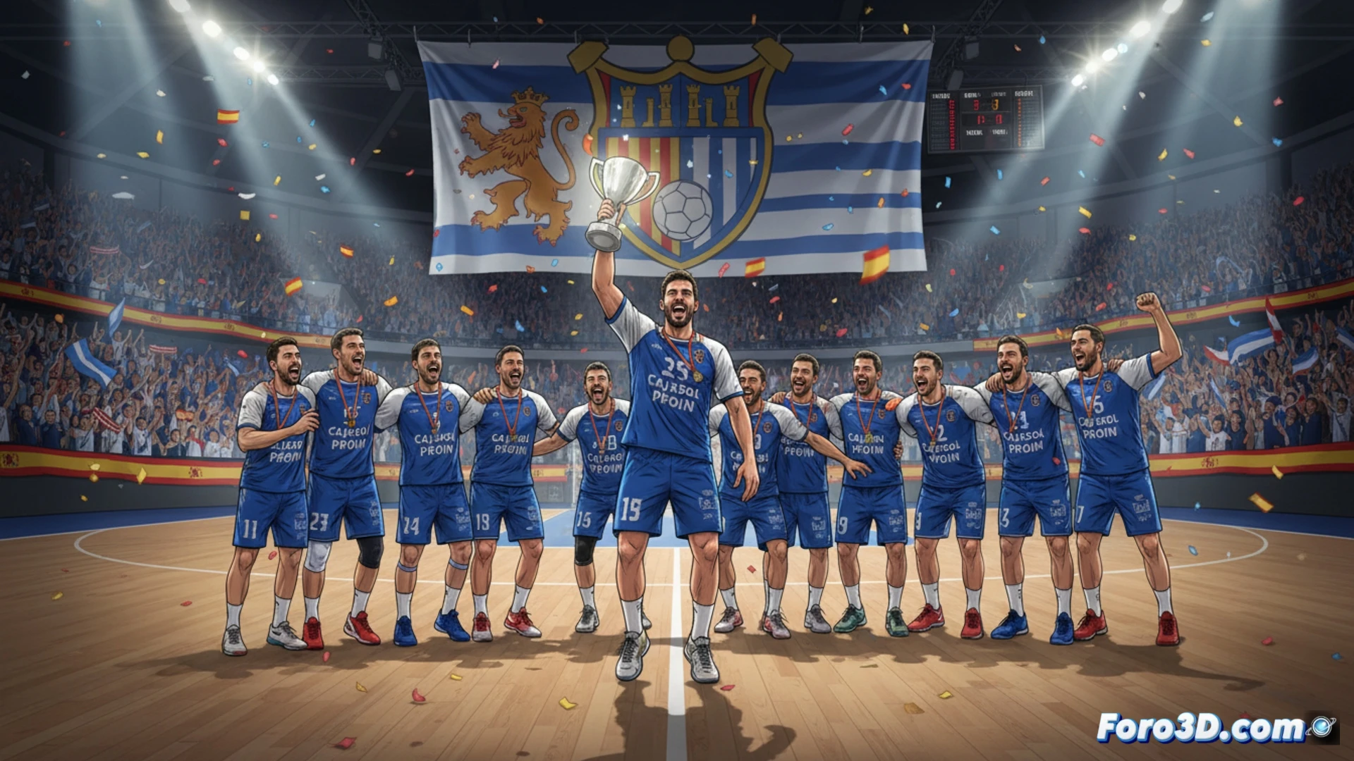Un jugador de balonmano celebra con el puño en alto, vistiendo la camiseta del Cajasol Proin, ante un fondo del estadio sevillano lleno de aficionados.