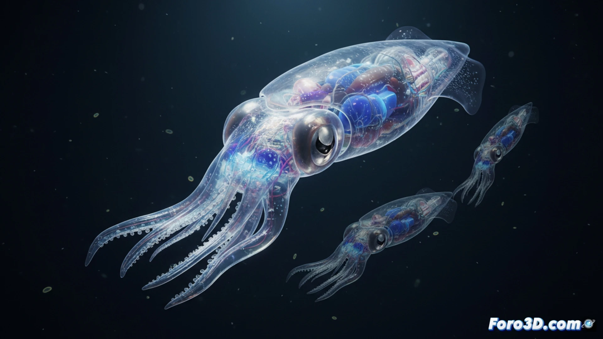 modelo 3D de calamar de cristal translúcido con ojos grandes y tentáculos retraídos en fondo oceánico oscuro