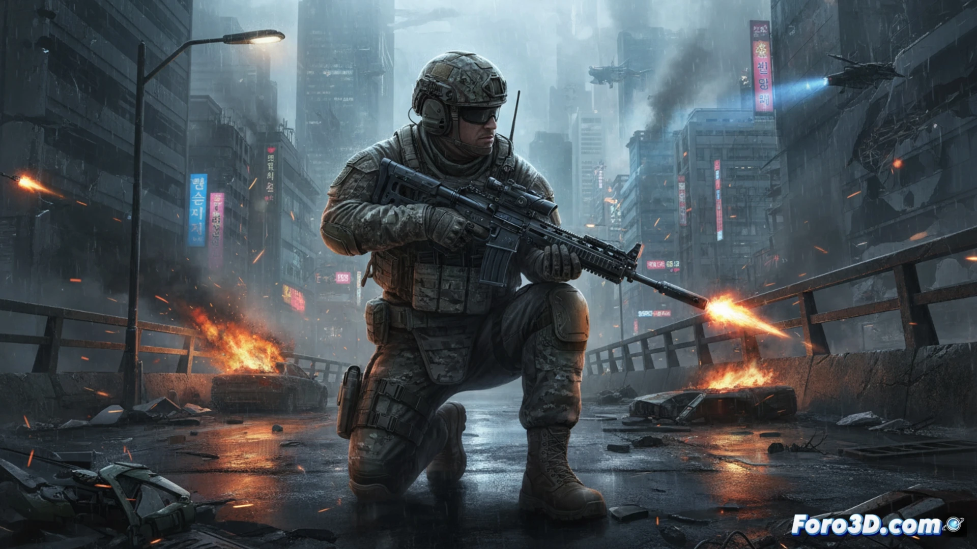 Modern Warfare soldier aiming through holographic sight in dense Korean urban combat zone, tactical gear with next-gen heads-up display projection, advanced weapon attachment system being demonstrated, smoke trails from recent explosion dissipating, photorealistic cinematic visualization, dramatic dynamic lighting through shattered windows, metallic debris particles suspended mid-air, hyper-detailed fabric textures and weapon mechanisms, intense action scene showing motion blur and depth of field, ultra-realistic next-gen graphics engine showcase