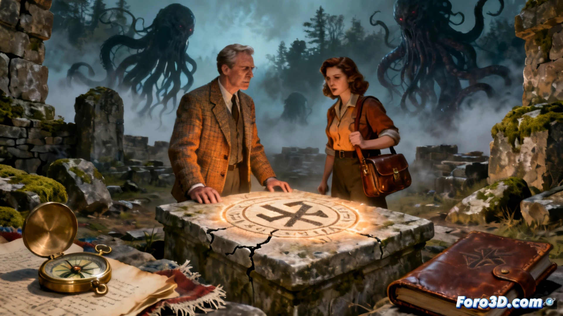 Descripción: En 1957, un profesor y una arqueóloga exploran ruinas lovecraftianas en Nueva Inglaterra, con un portal verde brillante, símbolos ocultistas nazis y un horror cósmico al fondo, estilo pulp aventurero.