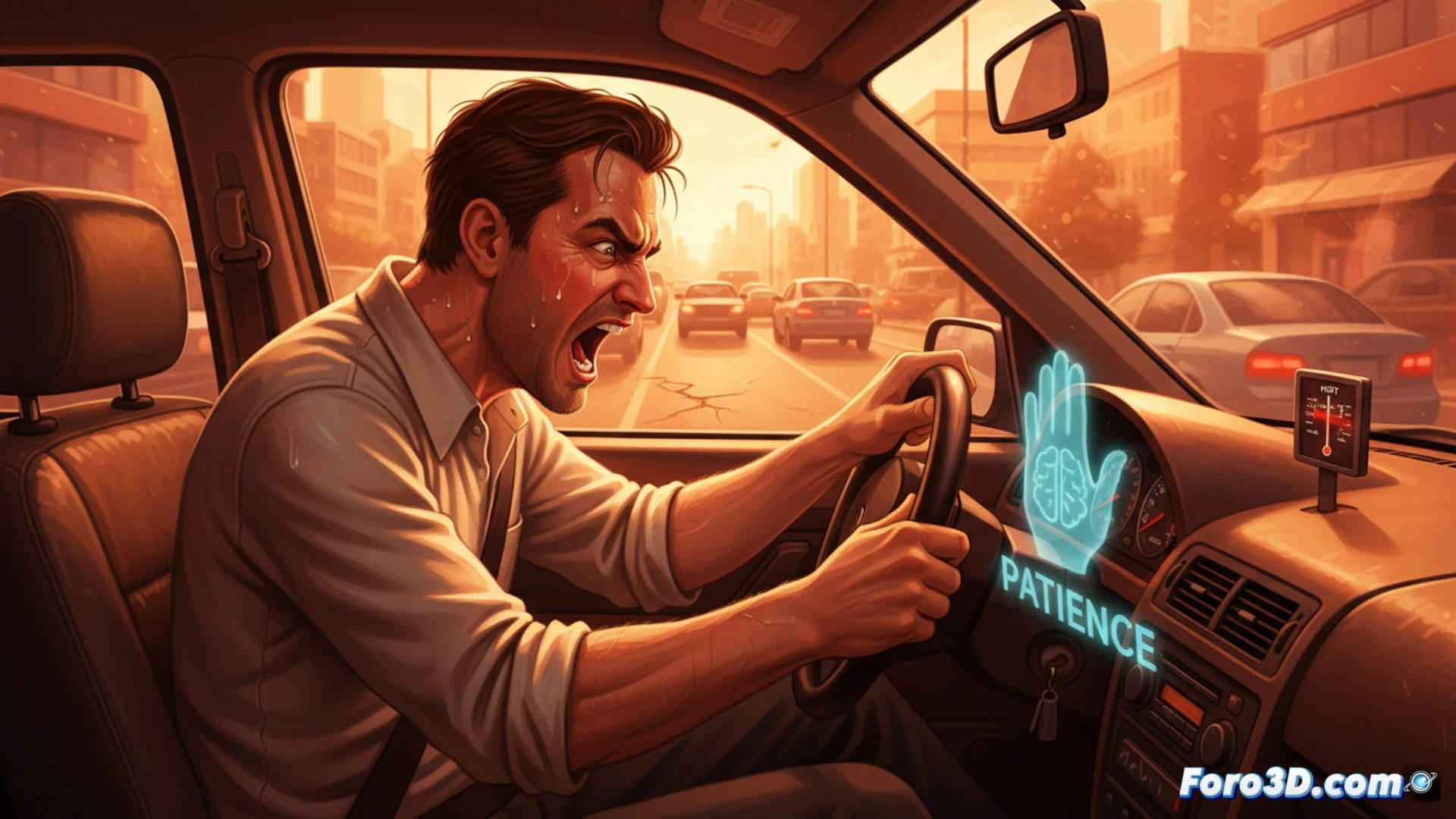 Conductor sudoroso al volante, con expresión tensa, mientras el sol abrasa el asfalto y el coche avanza lento en un atasco caluroso.