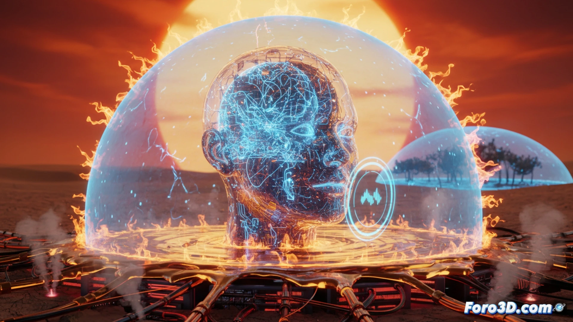 Un termómetro al rojo vivo junto a un cerebro sereno y circuitos azules, sin llamas ni gritos, fluyendo en calma.