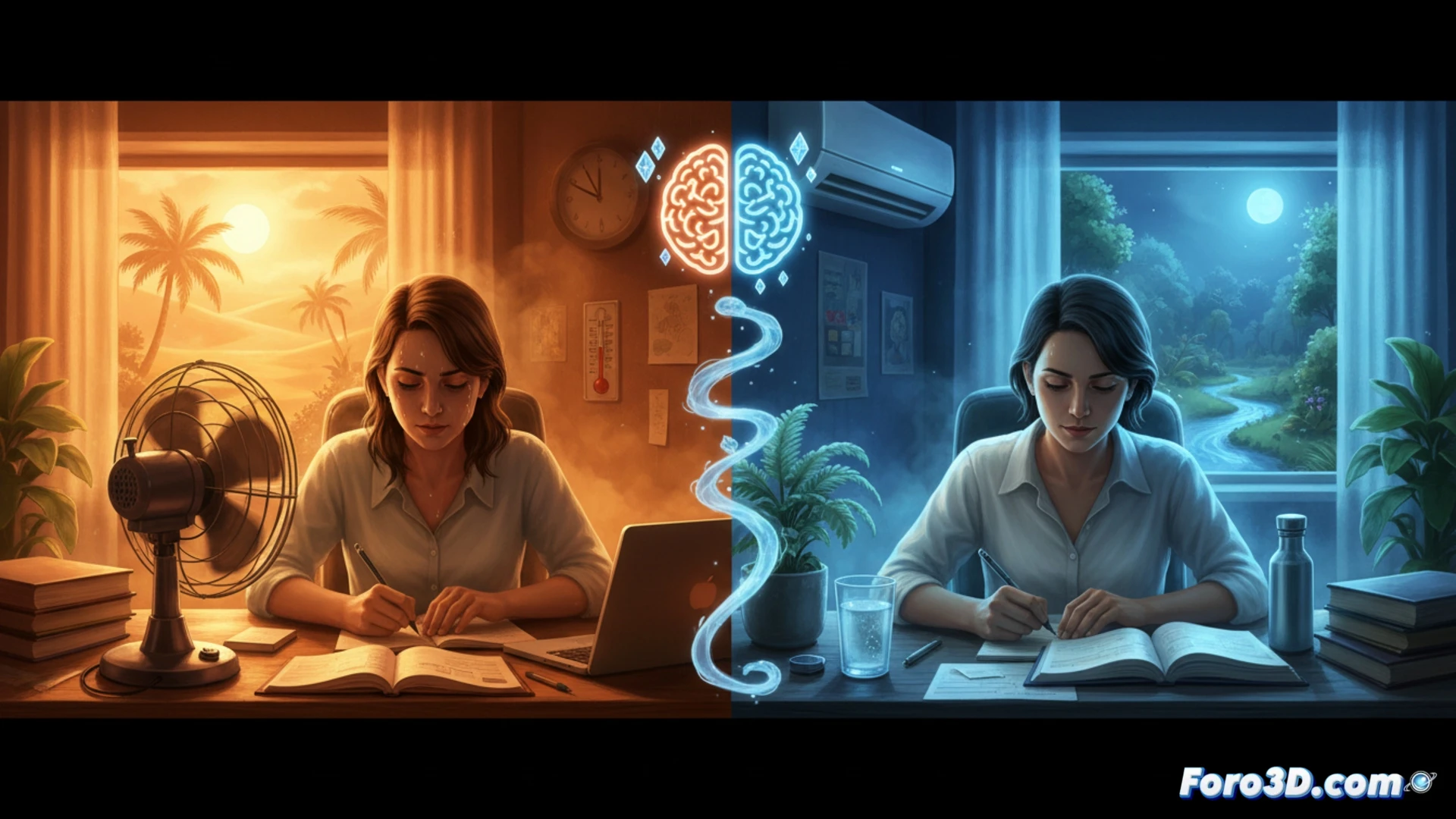 Un termómetro al rojo vivo contrasta con un cerebro azul y helado, rodeado de libros abiertos y un reloj marcando las horas frescas del amanecer.