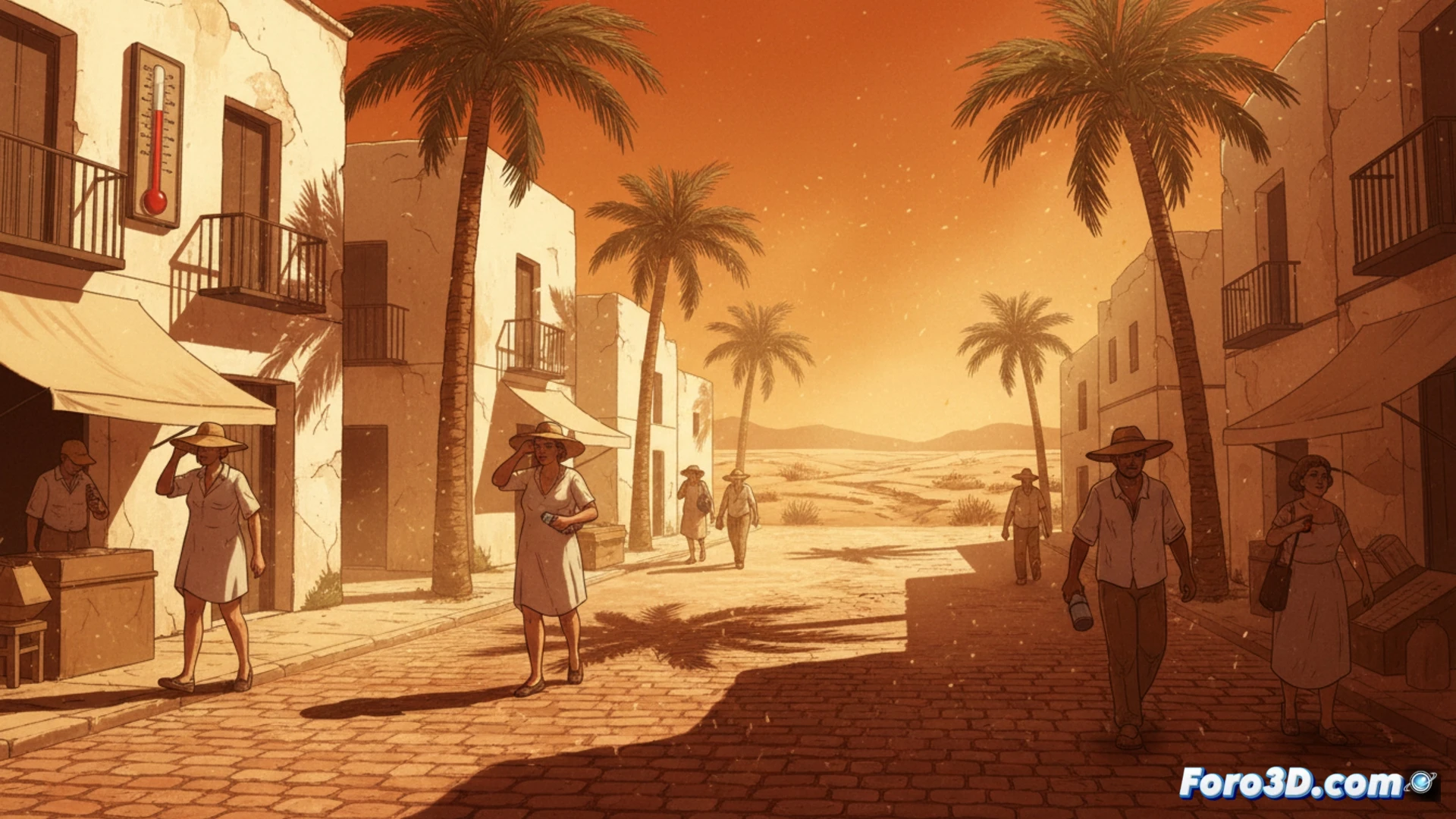 termómetro digital en una calle de Murcia marcando 32 grados al mediodía, sombras nítidas en el asfalto, personas con sombreros y botellas de agua caminando bajo toldos, una fuente pública con niños refrescándose, edificios blancos reflejando la luz solar, cielo sin nubes, calor visible como ondas de aire sobre el pavimento, estilo cinematográfico hiperrealista, iluminación solar intensa, texturas granuladas por el calor, profundidad de campo amplia, composición simétrica, colores cálidos y saturados, detalle técnico en el termómetro mostrando la temperatura extrema