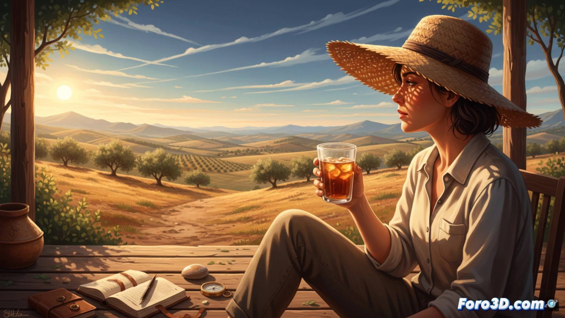 Una escena veraniega: una persona sentada bajo la sombra de un árbol, con los ojos cerrados y una mano en la frente. A su lado, una taza humeante sobre la hierba seca. El sol arde al fondo, pero ella elige la pausa, evitando el ruido del mundo.
