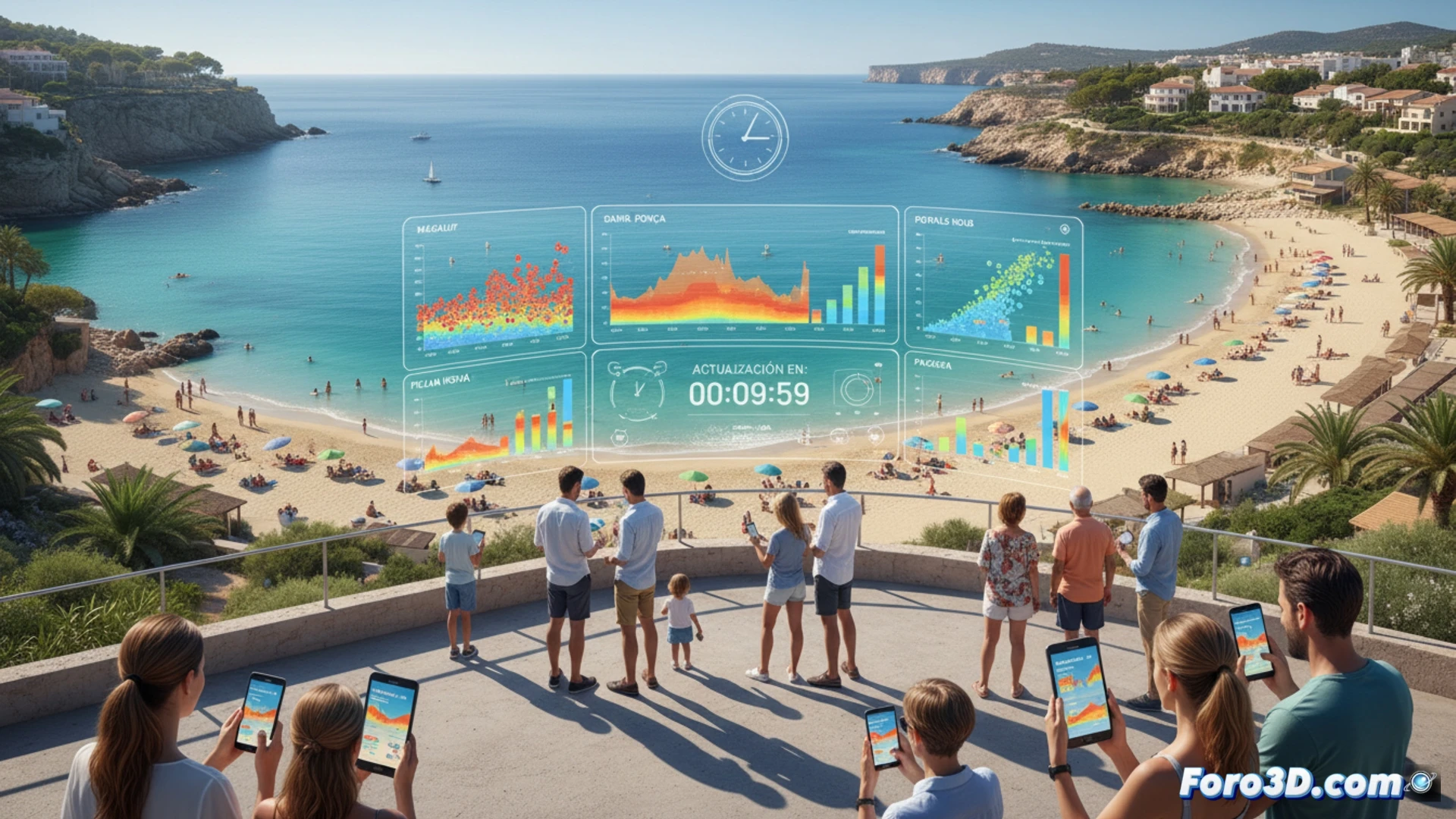 Infografía digital de mapa de Calvià con seis playas señaladas, mostrando datos de ocupación en tiempo real, actualizados cada diez minutos, para bañistas.