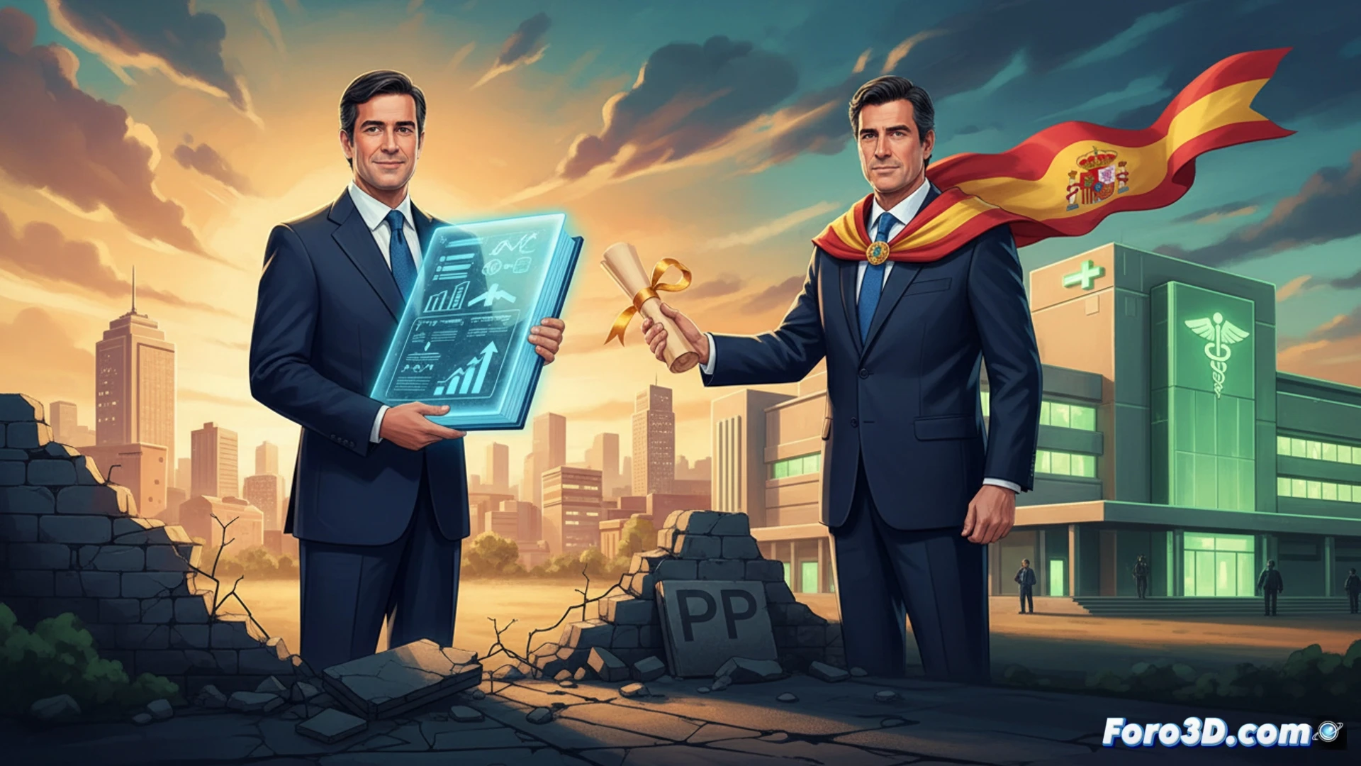 municipal treasury balanced ledger sheet being handed over by mayor in suit, clean financial graphs showing debt reduction to zero, hospital building blueprint glowing in background with regional president silhouette, contrasting faded PP party documents being replaced by new healthcare infrastructure plans, cinematic photorealistic technical illustration, dramatic office lighting, polished wooden desk, ink stamps and official seals, ultra-detailed paper textures, professional government atmosphere, sharp focus on transaction moment
