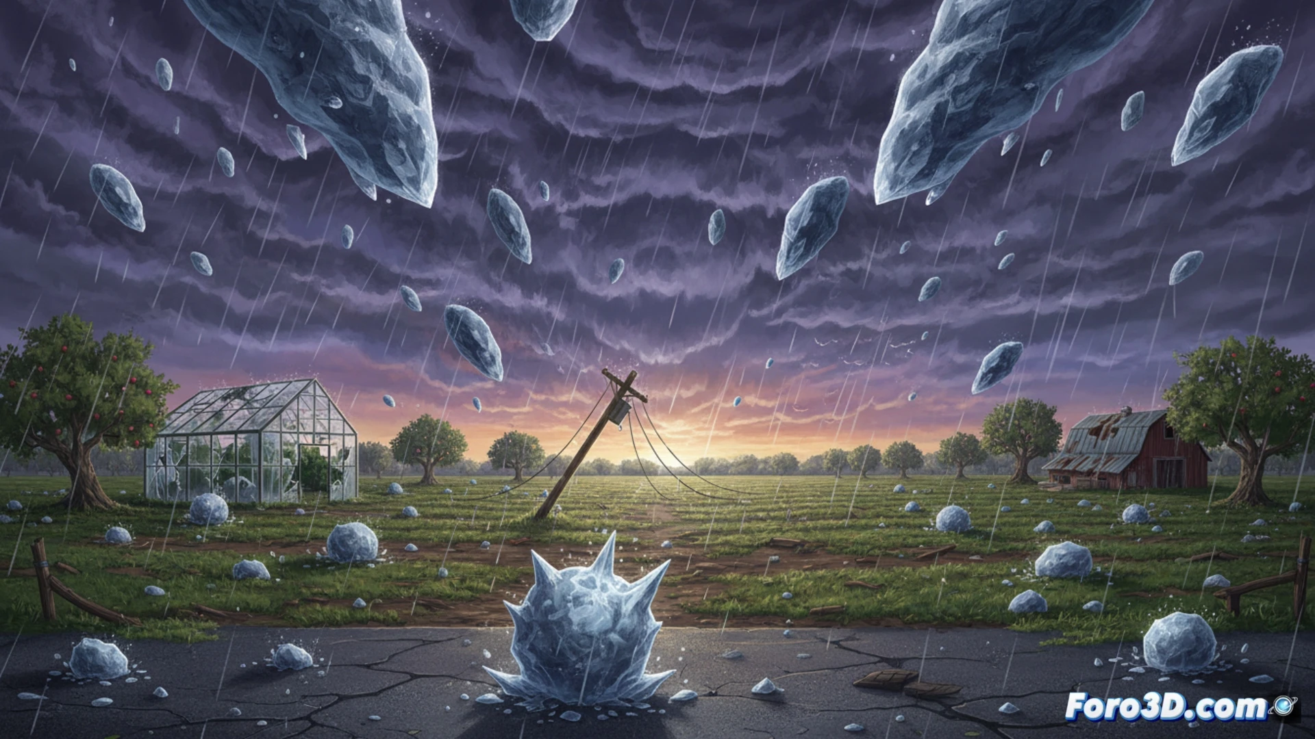 cinematic wide shot of a massive hailstorm over a wheat field, a single giant hailstone the size of a fist crashing through a solar panel on a metal roof, smaller hailstones bouncing off agricultural machinery, dark purple storm clouds with visible lightning illuminating the scene, hail accumulation on the ground crushing young crops, technical engineering visualization with ultra-detailed ice crystal structure showing layered growth rings, dramatic atmospheric instability demonstrated by swirling cloud patterns, photorealistic render with harsh storm lighting and high contrast shadows, motion blur on falling hailstones, damaged infrastructure visible in background