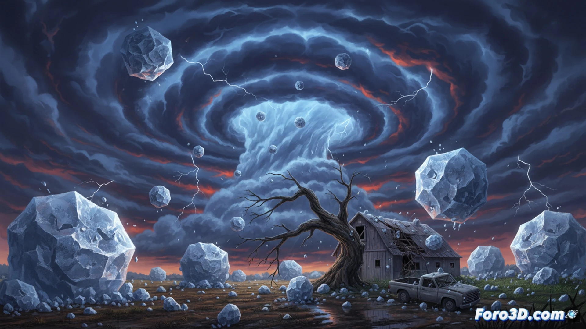 extreme hailstorm scene, massive hailstones shattering a car windshield while smaller hailstones bounce off the hood, dark green storm clouds releasing lightning in the background, a weather radar screen visible showing red storm cells with hail probability indicators, hailstones of varying sizes embedded in muddy ground with a measuring ruler beside them, cinematic photorealistic technical illustration, dramatic storm lighting with deep shadows, high contrast between bright lightning and dark clouds, ultra-detailed ice textures with internal cracks and reflections, water splashes freezing on impact, motion blur on falling hailstones, realistic atmospheric perspective, 8K quality render