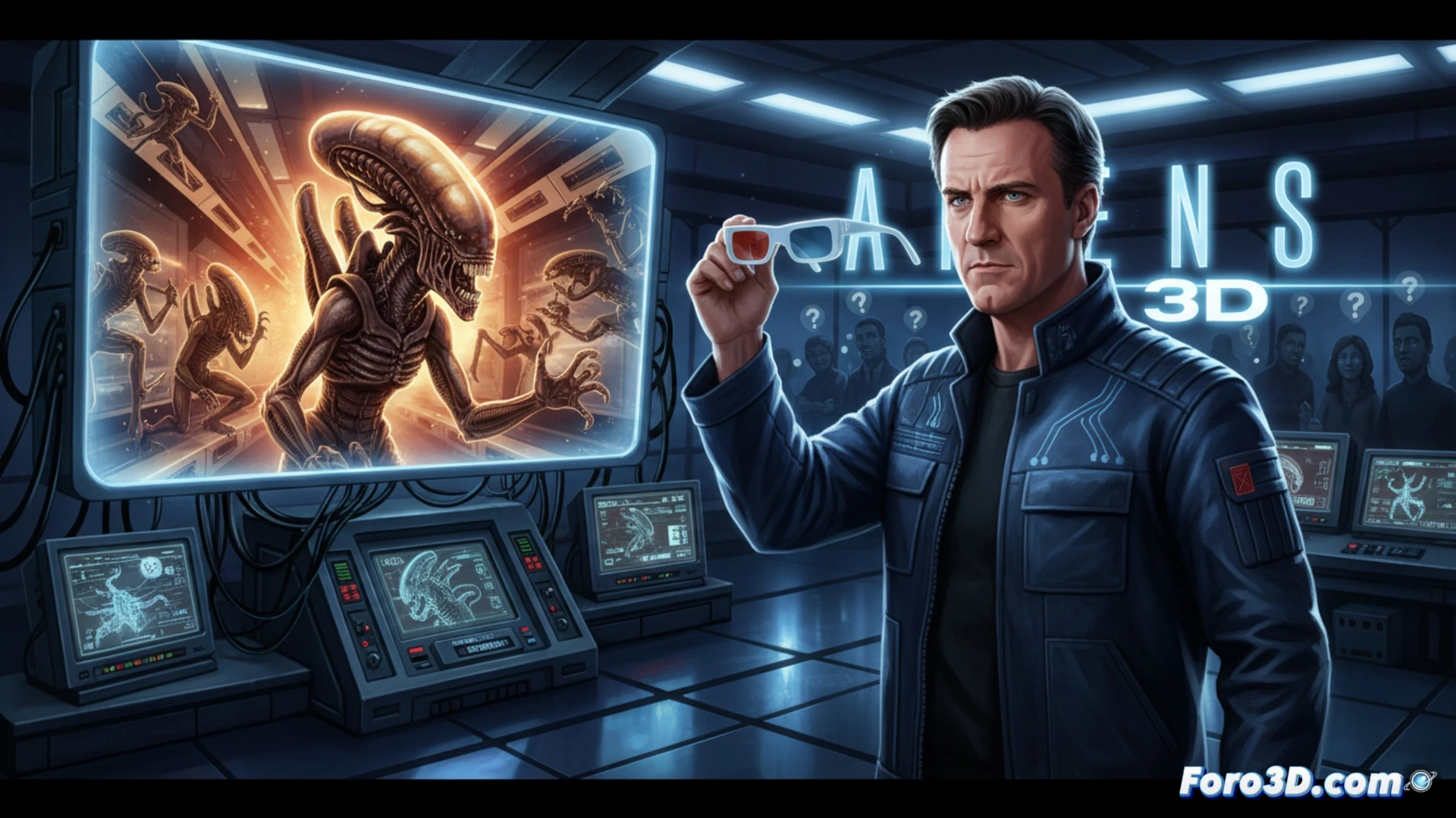 James Cameron en sala de cine 3D, con Aliens de fondo, mostrando profundidad y naves espaciales en acción inmersiva.