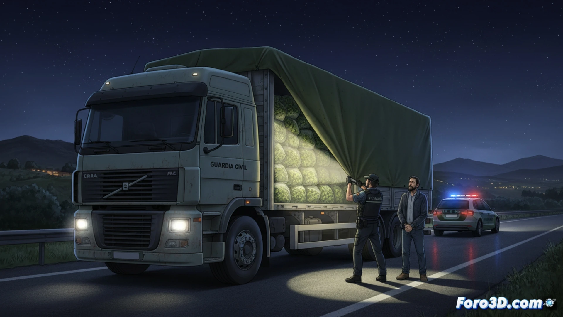Guardia Civil officer inspecting a large truck trailer on the A-44 highway near Granada, 100 kg marijuana bundles stacked in hidden compartment under wooden pallets, officer using a flashlight to illuminate the cargo while another officer secures the driver, forensic evidence bags and drug testing kit visible, night scene with highway patrol car blue lights reflecting on wet asphalt, cinematic photorealistic style, dramatic shadows, realistic vehicle details, action of discovery and arrest, high-contrast industrial lighting