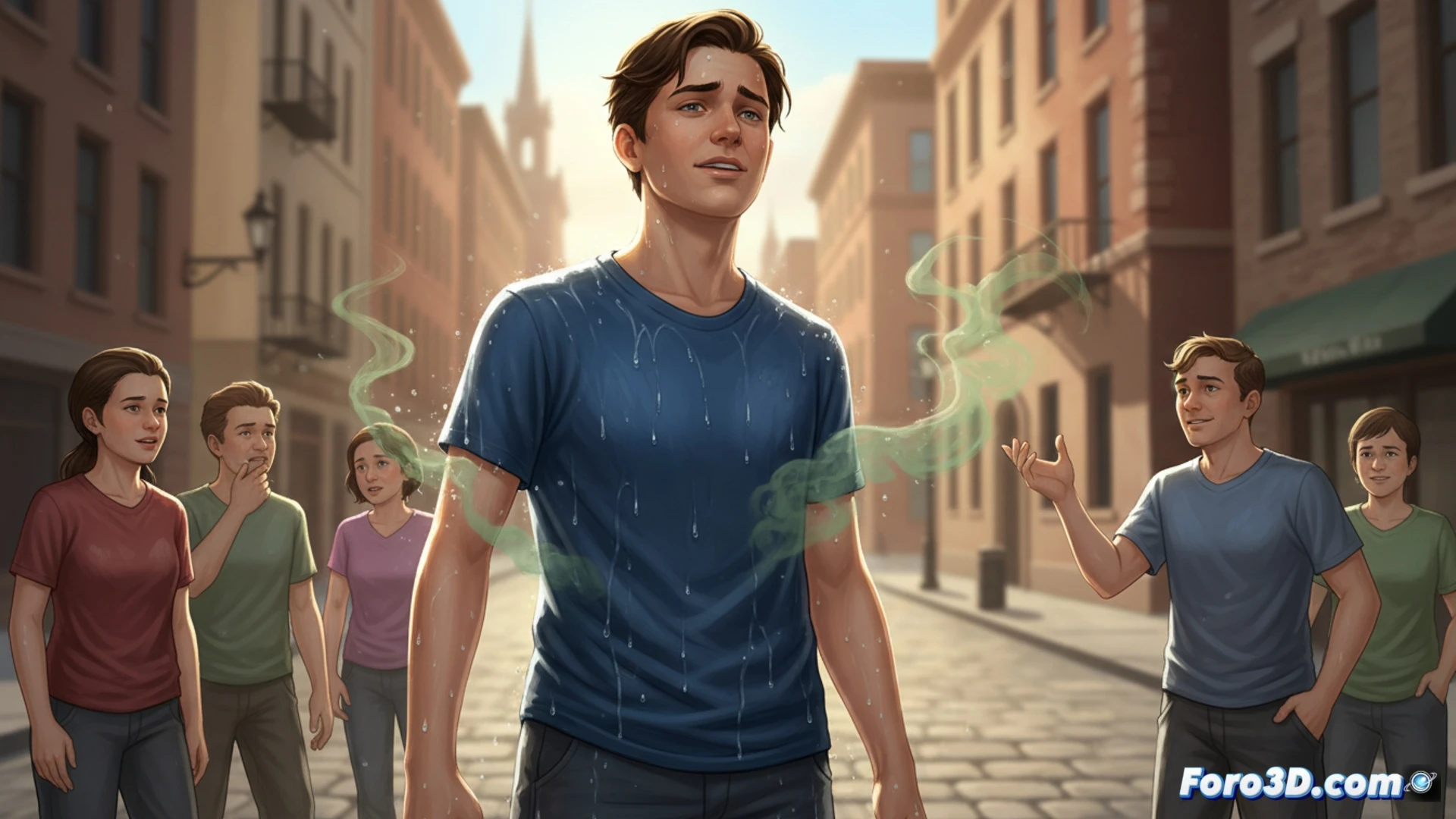 photorealistic cinematic scene of a person in a summer street wearing a soaked t-shirt under bright sunlight, water droplets evaporating from fabric while skin shows sweat patches, zoomed-in detail of fabric fibers and moisture interaction, invisible bacterial growth process on damp textile, technical illustration style showing thermal and humidity effects, realistic urban background with heat haze, dramatic shadows, hyper-detailed textile texture, moisture vapor trails subtly visualized, photorealistic technical render