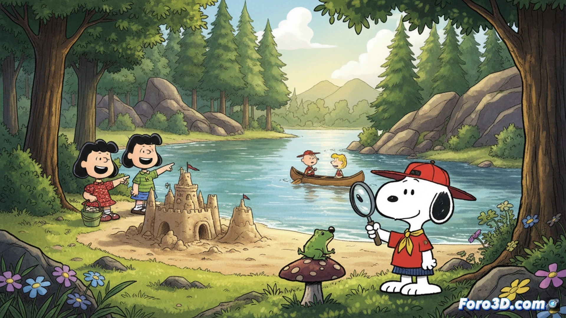 Camp Snoopy woodland campsite scene, Beagle Scouts wearing neckerchiefs building a sandcastle near a lake while Charlie Brown holds a magnifying glass searching for a hedge toad, Snoopy perched on a fallen log holding a walking stick, cartoon characters interacting with camping gear including tents and backpacks, cinematic animation style, bright summer daylight filtering through pine trees, warm nostalgic color palette, soft shadows on grass, playful action with children discovering nature, detailed outdoor textures like bark and leaves, Apple TV+ series aesthetic