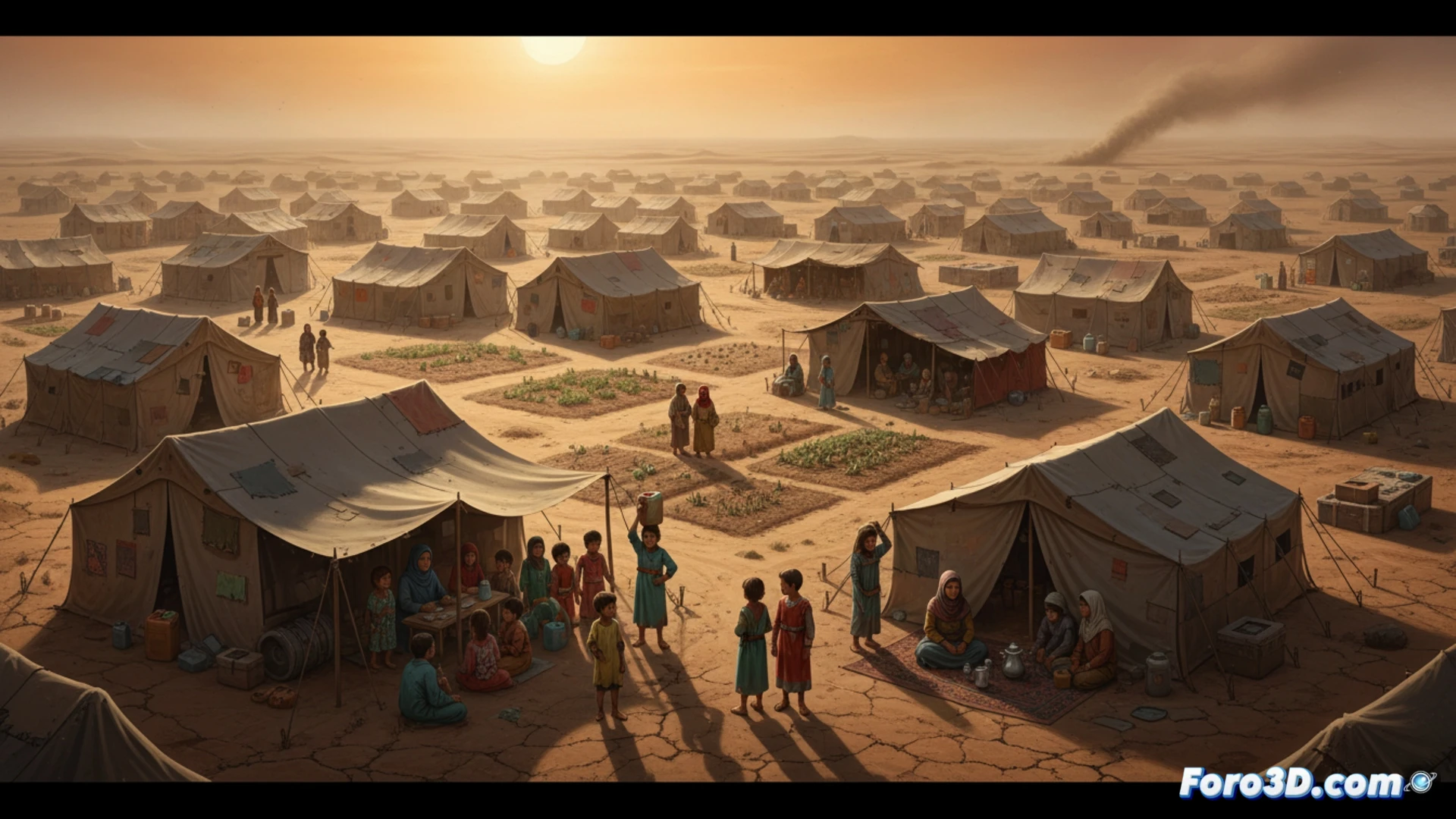 Saharaui refugee camp at sunset, women weaving traditional textiles outside a tent made of salvaged fabric, children gathered around a solar-powered tablet learning from a teacher, a hand-painted wooden sign reading El Aaiun planted in the sand, wind stirring dust across the arid landscape, photorealistic documentary style, warm golden hour light casting long shadows, resilience and daily life in extreme conditions, technical illustration of desert architecture and community action