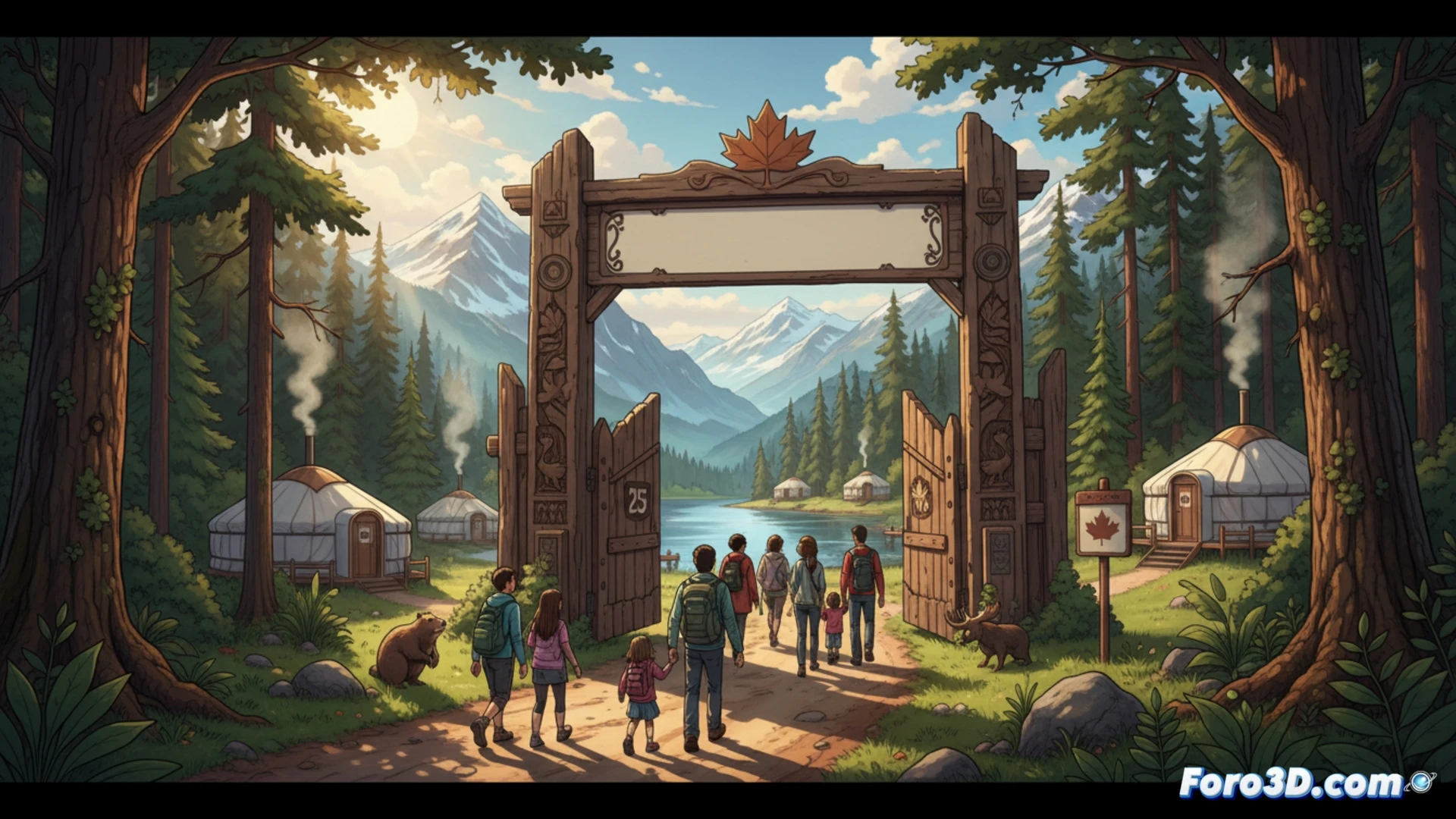 Un cartel de bienvenida de Parks Canada en un bosque verde, con tiendas de campaña y una yurta al fondo bajo el cielo azul.