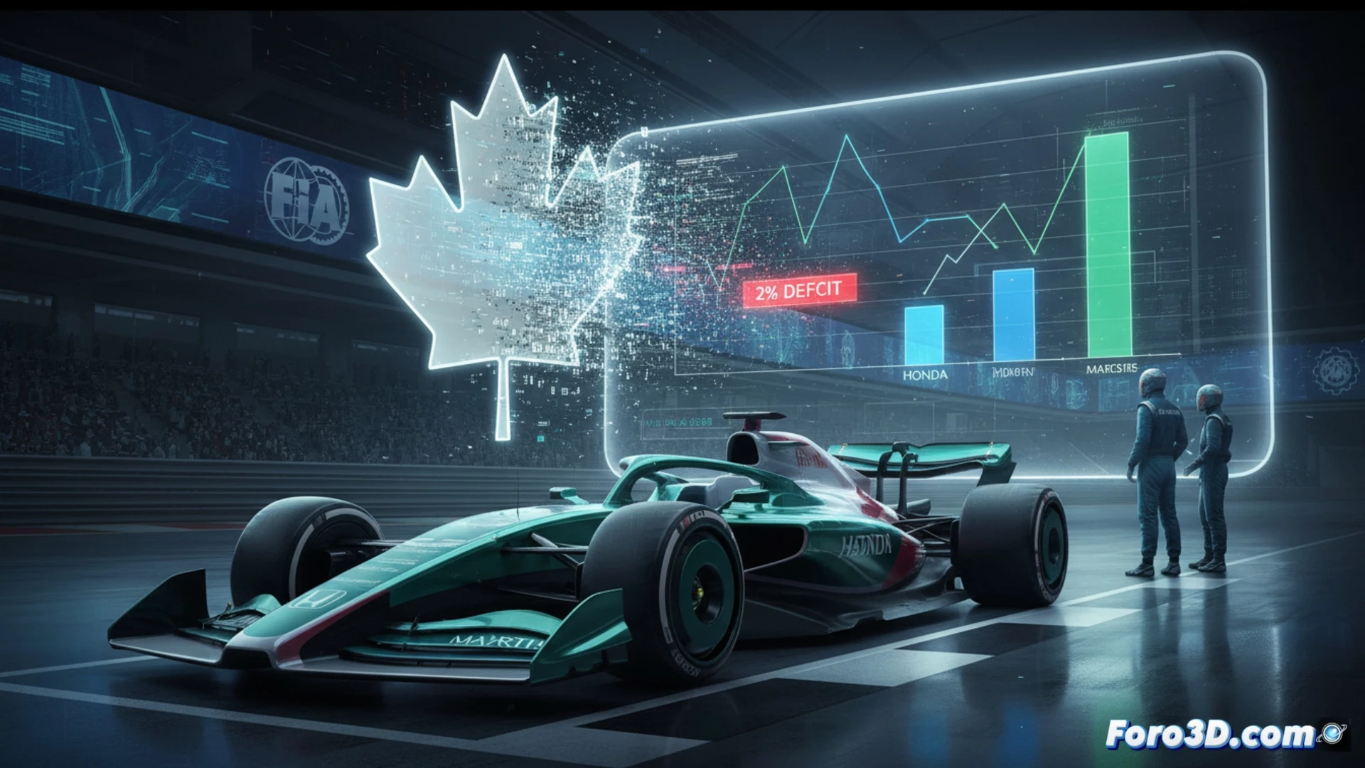 high-angle technical illustration of a Formula 1 pit garage during ADUO data analysis, engineers surrounding a holographic engine performance display showing power deficit graphs, red warning zones highlighting a two percent gap, Honda and Aston Martin engine components disassembled on workbenches, carbon fibre parts with visible torque wrenches and diagnostic cables, cinematic engineering visualization, dramatic overhead LED lighting casting sharp shadows, metallic surfaces reflecting blue diagnostic screens, photorealistic industrial render, intense focus on technical process