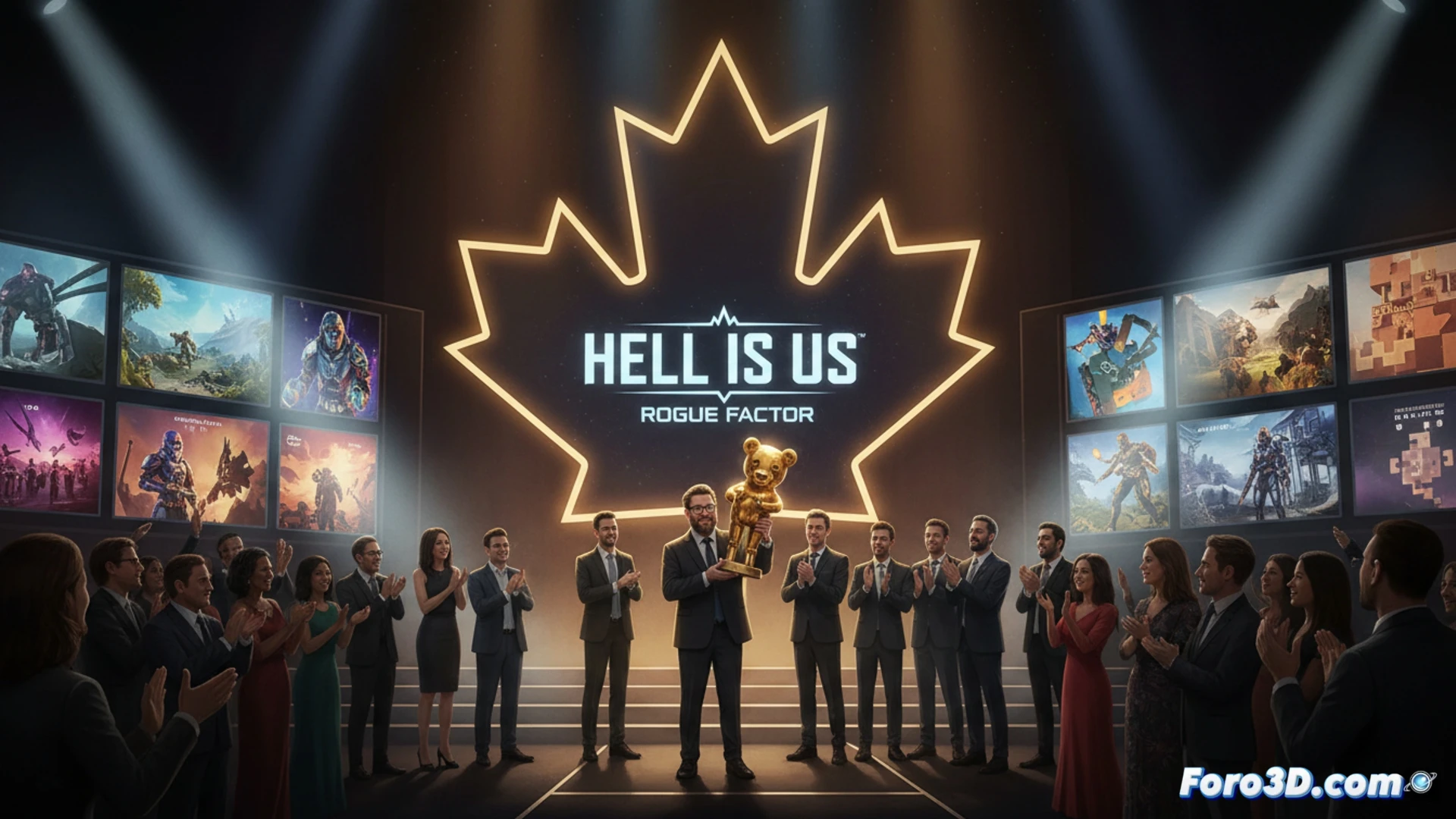 Canadian game developers gathered at a sleek awards ceremony, spotlight shining on a glowing holographic game design blueprint of Hell Is Us, while judges including Rob Keyes review a digital tablet displaying indie game accessibility features, e-sports trophies on stage, diverse studio logos projected on screen, cinematic photorealistic technical illustration, dramatic stage lighting, polished glass and steel environment, crowd applauding, ultra-detailed render