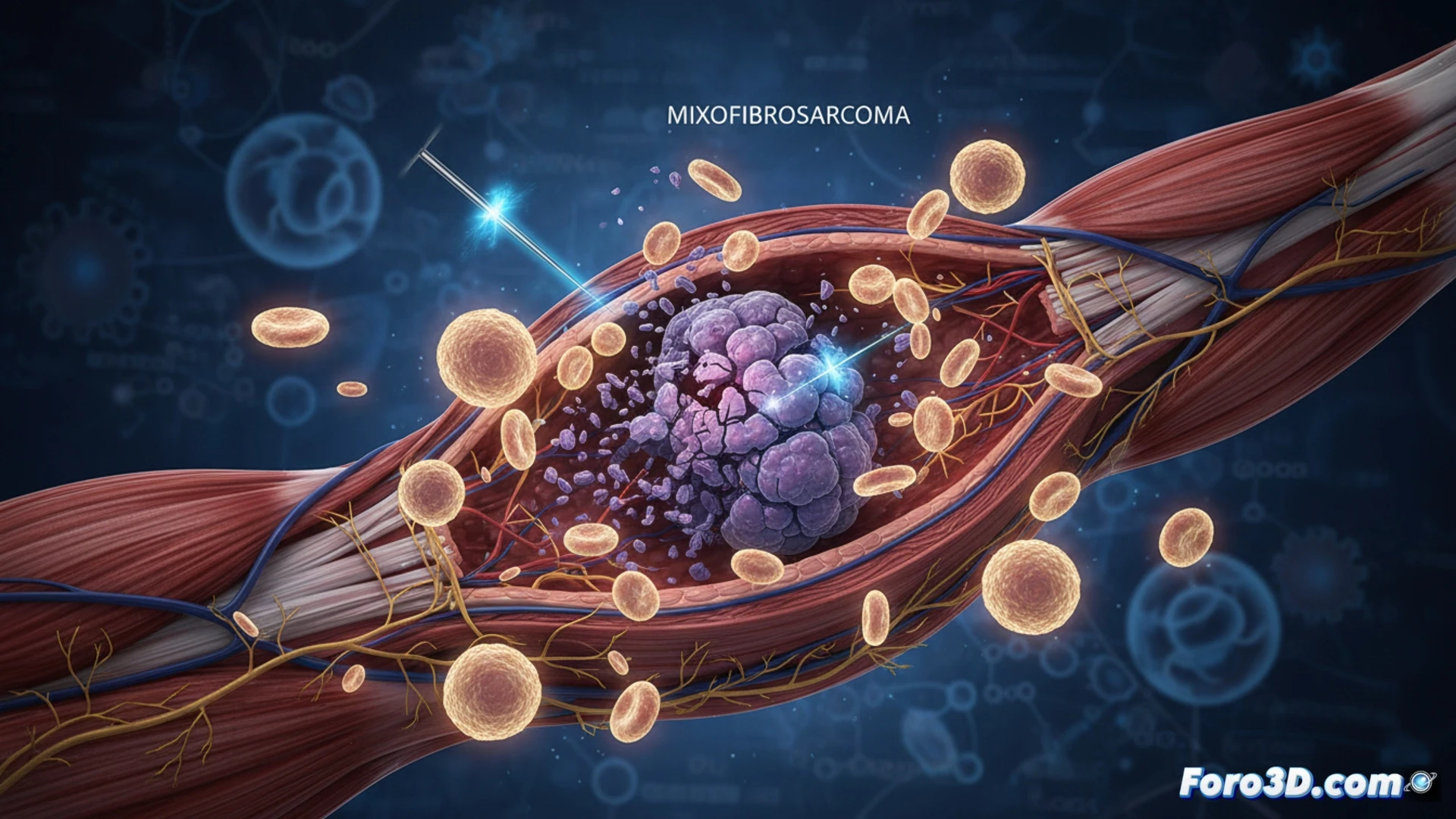 Mujer de 59 años, brazo vendado, sonríe. A su lado, una ilustración del sistema inmune atacando un tumor de 2 cm que desaparece tras biopsia con aguja fina.