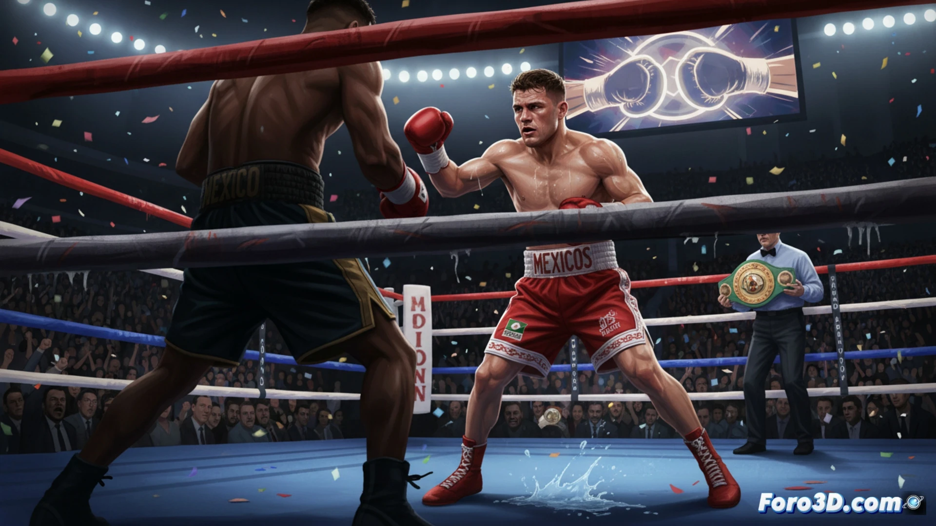 Canelo Álvarez, en pose de combate, mira con determinación el cinturón perdido sobre un ring iluminado.