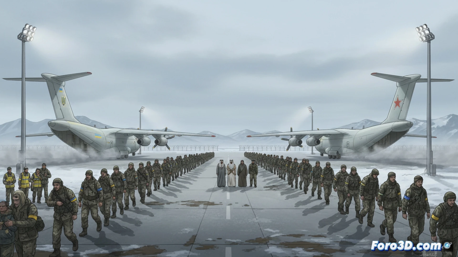 Cinematic aerial view of a military transport aircraft on a snowy tarmac at dusk, 205 soldiers in uniforms marching in two columns toward the open cargo ramp, process of prisoner exchange unfolding, Ukrainian and Russian officers checking lists on rugged tablets, Emirati mediators in dark suits observing, floodlights illuminating the scene, frost on aircraft fuselage, distant barbed-wire fence, photorealistic war-zone documentary style, dramatic low-angle lighting, cold blue and amber tones, high-contrast shadows, ultra-detailed textures on winter gear and aircraft rivets, no text or numbers visible