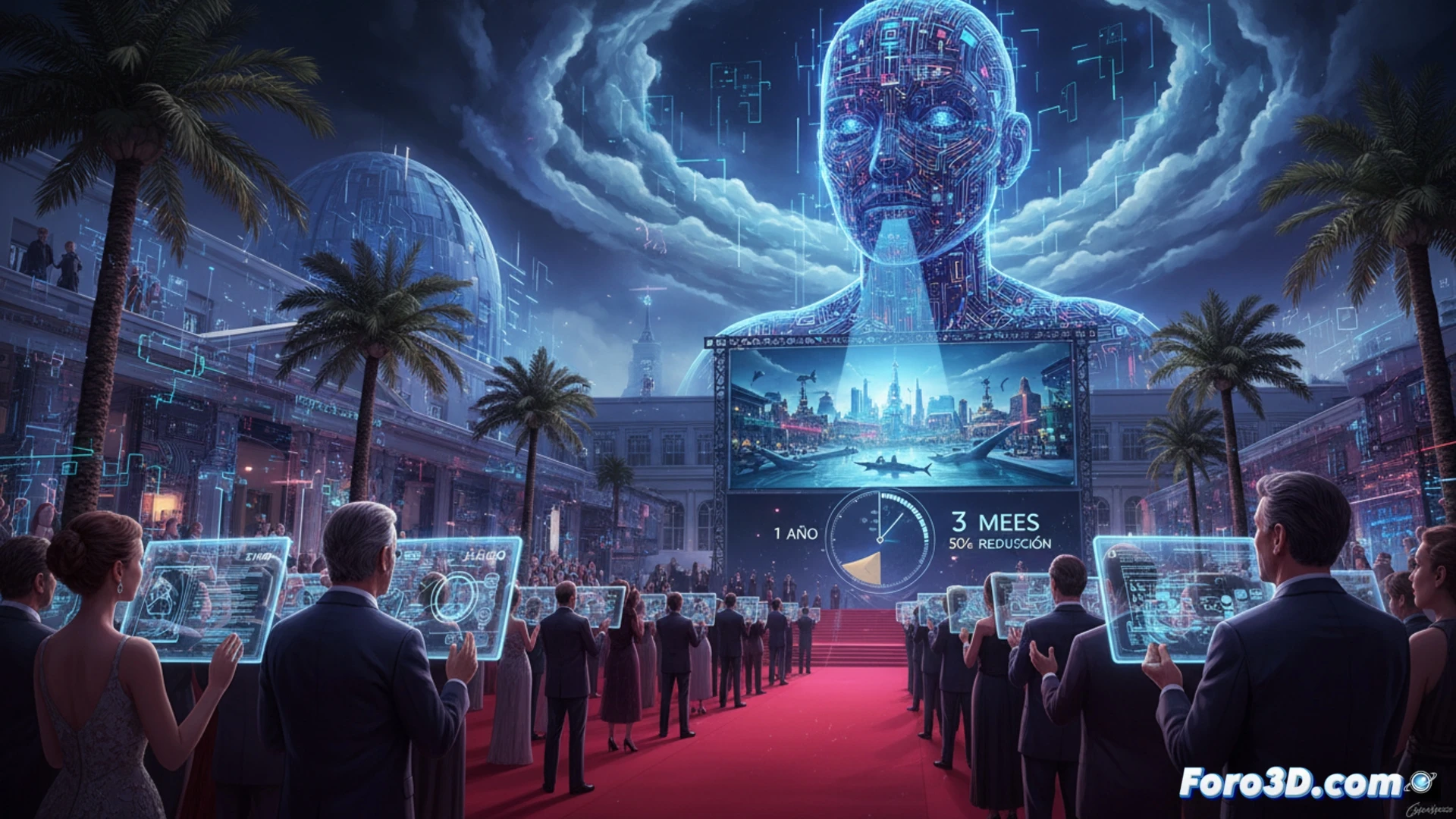 Cinematic scene of a film director pointing at a giant curved monitor showing a shark creature being digitally sculpted by AI algorithms, real-time wireframe overlay morphing into photorealistic skin texture, production crew observing with mixed expressions of fascination and concern, editing timeline with compressed post-production schedule displayed on a holographic interface, high-end cinema camera rig in foreground, dramatic festival lighting with red carpet reflections, photorealistic technical illustration, ultra-detailed visual effects workstation, glowing neural network nodes connecting to virtual ocean environment
