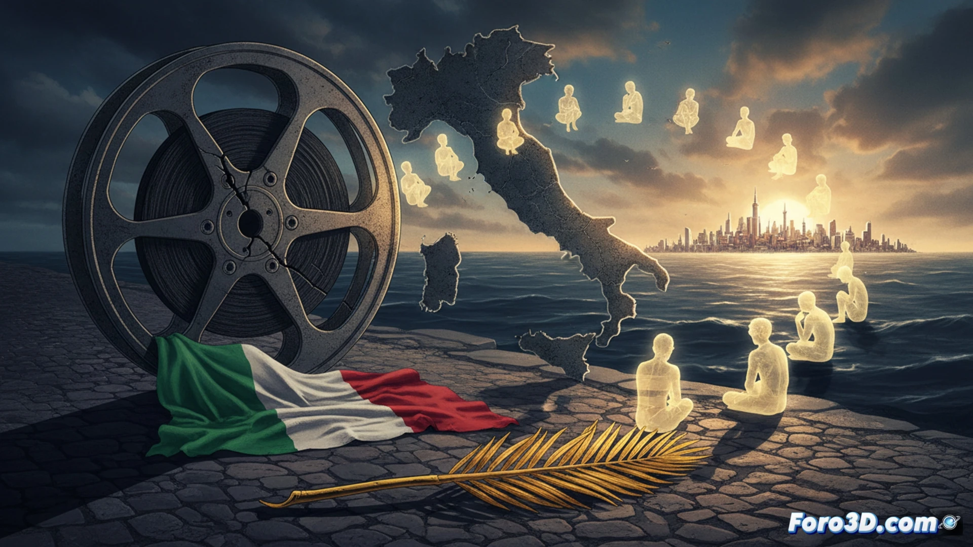 Una escalinata vacía del Festival de Cannes, con una palmera dorada al fondo y banderas italianas ondeando sin filmes en competencia.