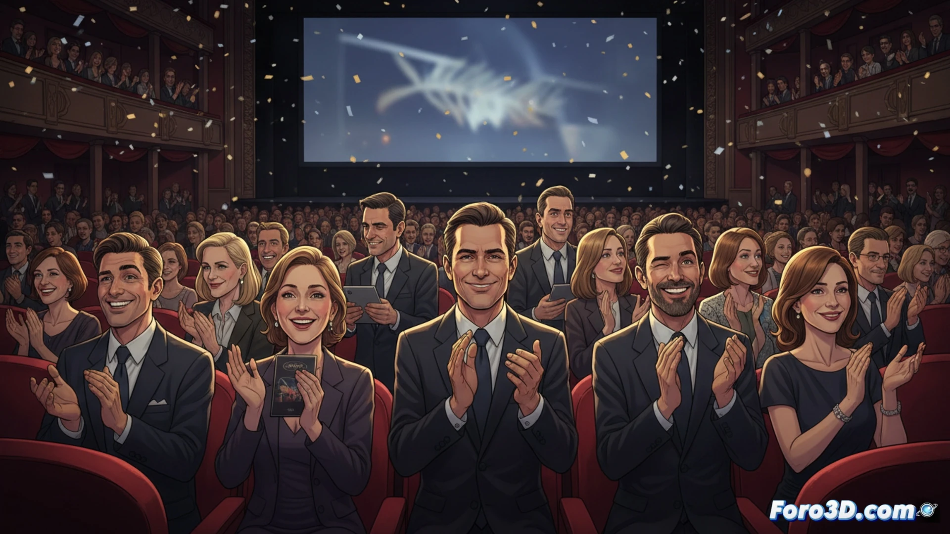 Cannes red carpet scene showing a PR team member discreetly signaling applause timing with a hidden earpiece and wrist-mounted clicker, while a film director smiles during a prolonged standing ovation, audience members clapping with forced enthusiasm, luxury evening gowns and tuxedos, red carpet and velvet ropes, professional camera crew capturing the moment, cinematic photorealistic style, dramatic spotlighting, ultra-detailed facial expressions, subtle tension between staged celebration and genuine reaction, high-end festival atmosphere, technical marketing operation visible through gestures and equipment