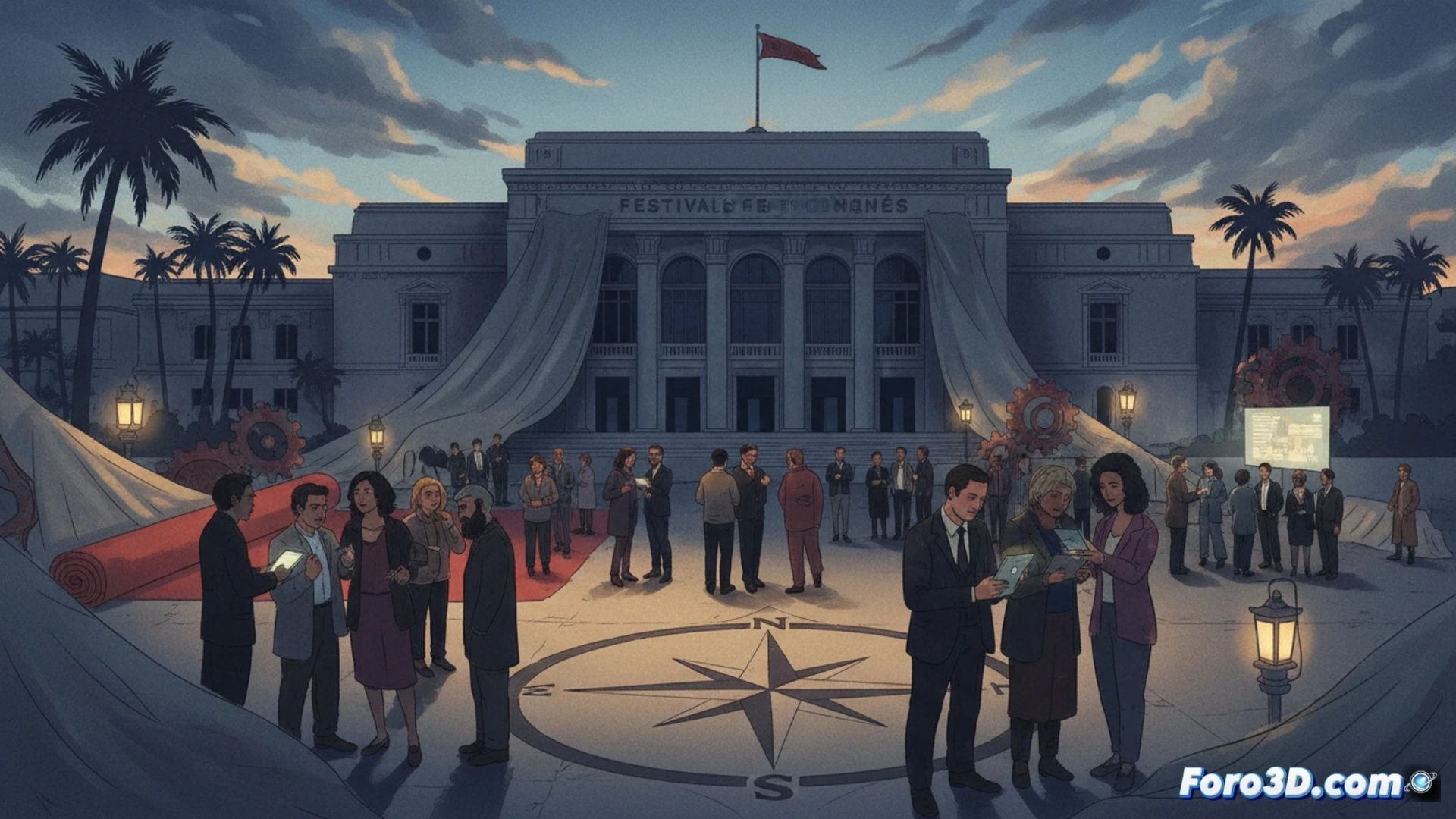 La alfombra roja de Cannes vacía, sin estrellas ni estudios; un cartel de 'Hollywood' torcido y nubes grises sobre el Palacio de Festivales.