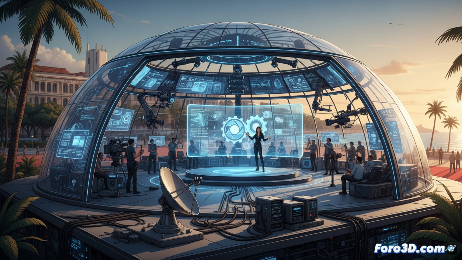Escenario tecnológico con pantallas LED, cámaras y asistentes en vivo, bajo el lema CanneS Technique 2025 en el pabellón CST.