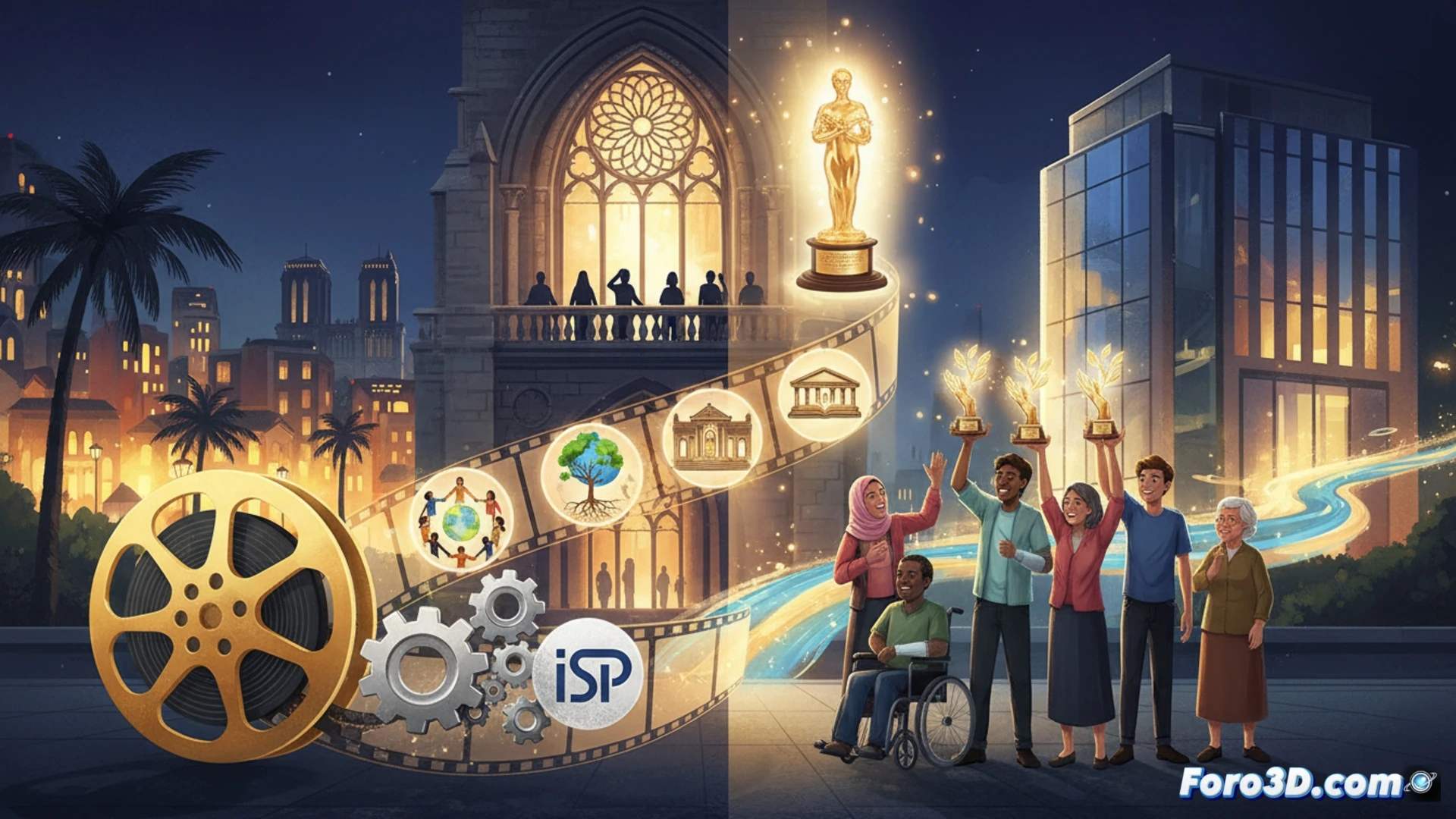 cinematic scene of a film projector beam illuminating a bank vault door, while a glowing award trophy rises from a stack of documents and community blueprints, a hand reaches toward the trophy during a symbolic handover, photorealistic technical illustration, warm golden light mixing with cool metallic reflections, detailed surface textures on projector lens and vault handle, subtle motion blur on the reaching hand, dramatic contrast between cinema screen glow and banking interior, ultra-detailed mechanical components of projector and vault, cinematic storytelling composition