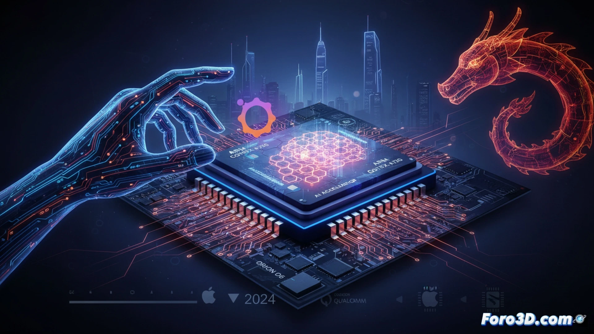photorealistic technical illustration of Canonical Ubuntu Linux booting on CIX P1 processor board, Arm Cortex-A720 and A520 cores visible under microscope-style closeup, AI neural network data streams flowing through chip interconnects while Orion O6 motherboard components glow with activity, circuit traces lighting up during system initialization, industrial engineering visualization with metallic heatsink and PCB texture, dramatic blue-orange lighting contrast, ultra-detailed silicon die shot style, cinematic macro photography aesthetic