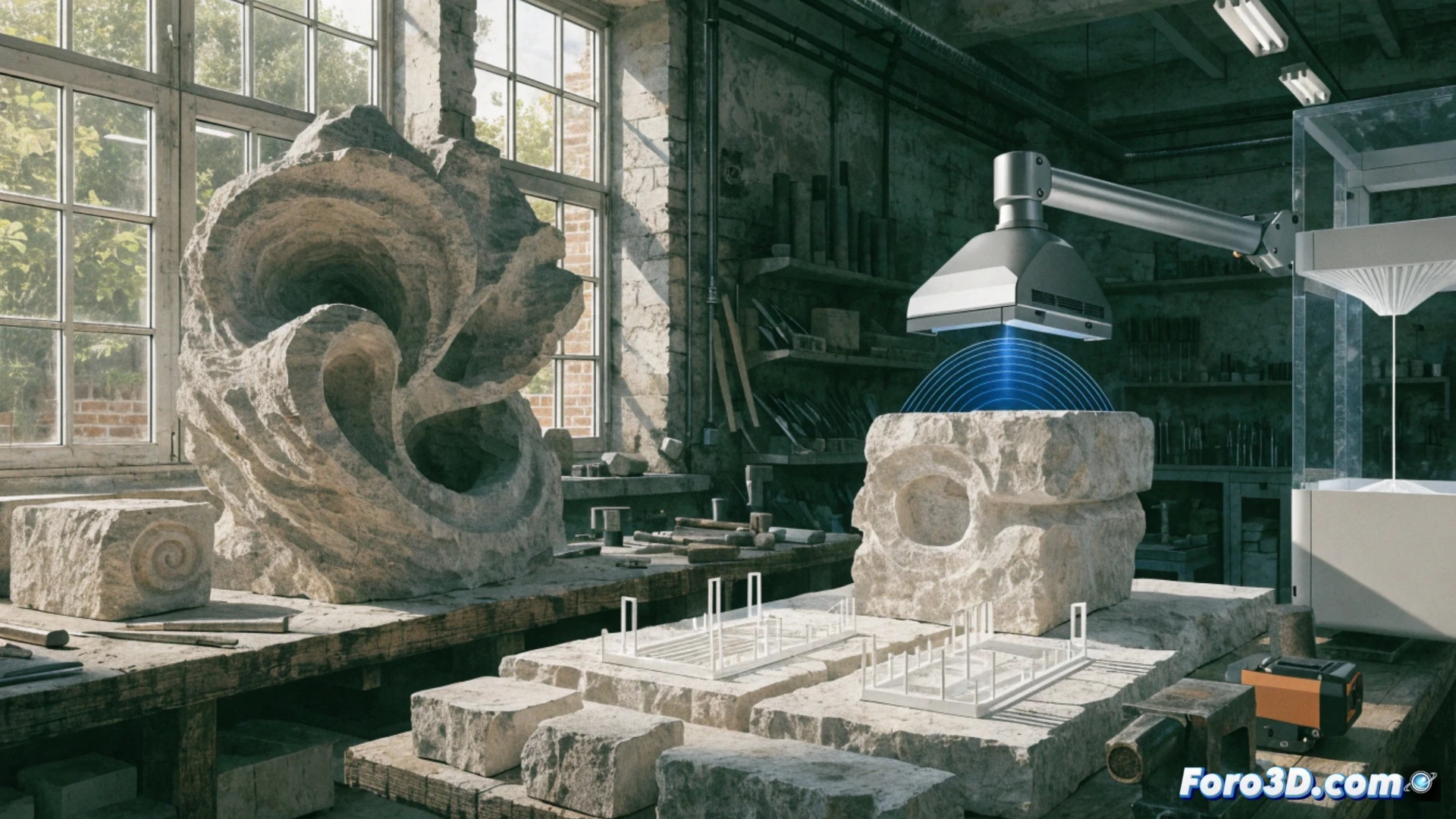 Cantero digital usa impresión 3D para guiar tallado en piedra, combinando artesanía tradicional con tecnología moderna.