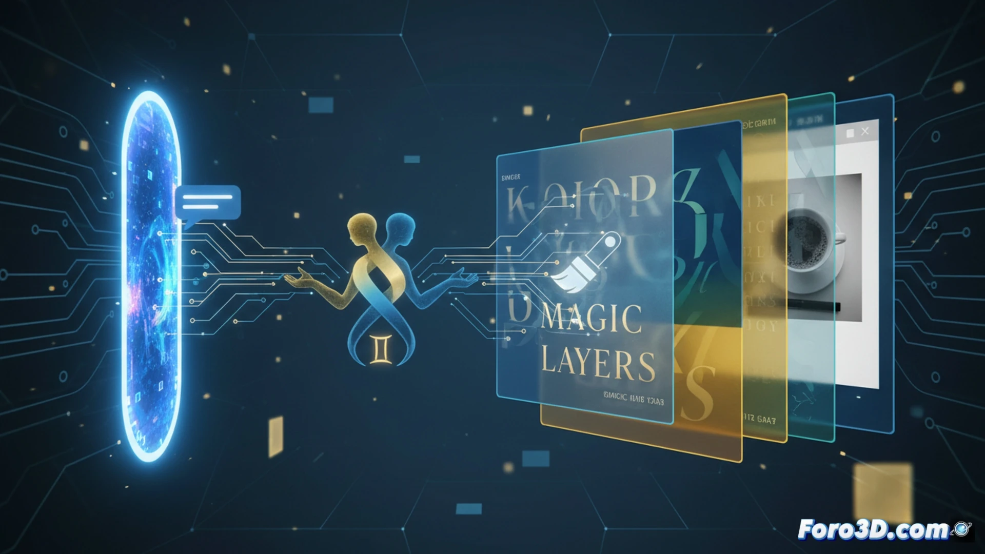 Photorealistic technical illustration showing a laptop screen split into two halves, left side displaying a chat interface with Gemini assistant while right side shows a Canva design being edited in real-time, a flat image of a product packaging magically separating into individual editable layers floating above the screen, brand color palette and font samples automatically applying to the design elements during the transformation, glowing digital particles connecting the chat window to the design layers, cinematic lighting with soft blue and orange accents highlighting the seamless integration process, ultra-detailed keyboard with fingers typing commands, clean minimalist workspace background, engineering visualization style with precise layer separation lines and subtle motion blur on the floating elements