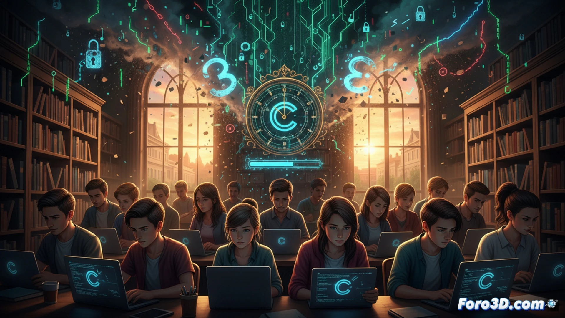 Un estudiante frente a una pantalla de laptop con el logo de Canvas en gris y un mensaje de error, mientras relojes y calendarios de exámenes flotan caóticamente a su alrededor.