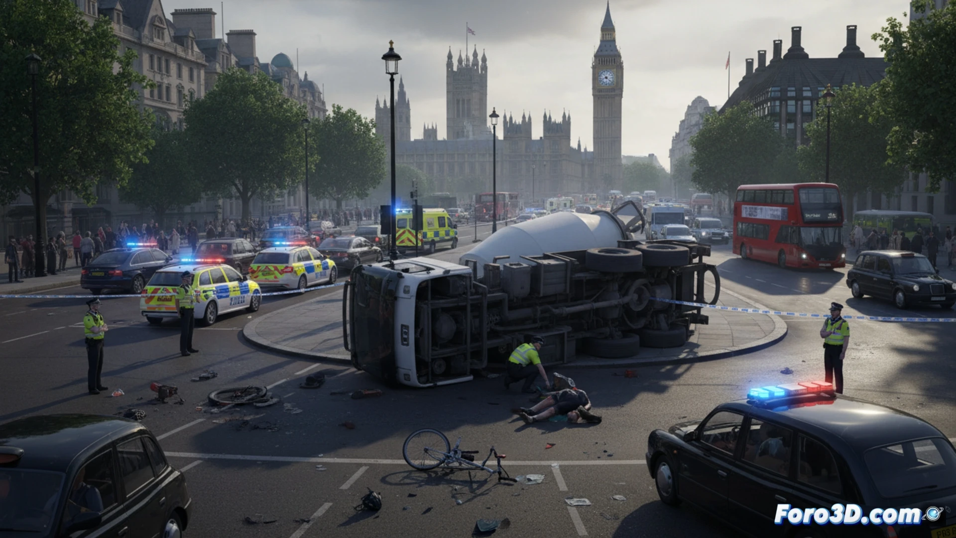 collision scene at Hyde Park Corner, cyclist lying on wet asphalt next to overturned bicycle, front wheel bent, cement truck stopped with fresh tire marks, traffic cones and police tape blocking the intersection, broken helmet and scattered debris on road, emergency services arriving with stretcher, technical engineering visualization, photorealistic style, dramatic overcast London lighting, rain-slicked street reflections, detailed mechanical damage on truck bumper and bicycle frame, action frozen during accident aftermath, urban traffic chaos in background, cinematic composition