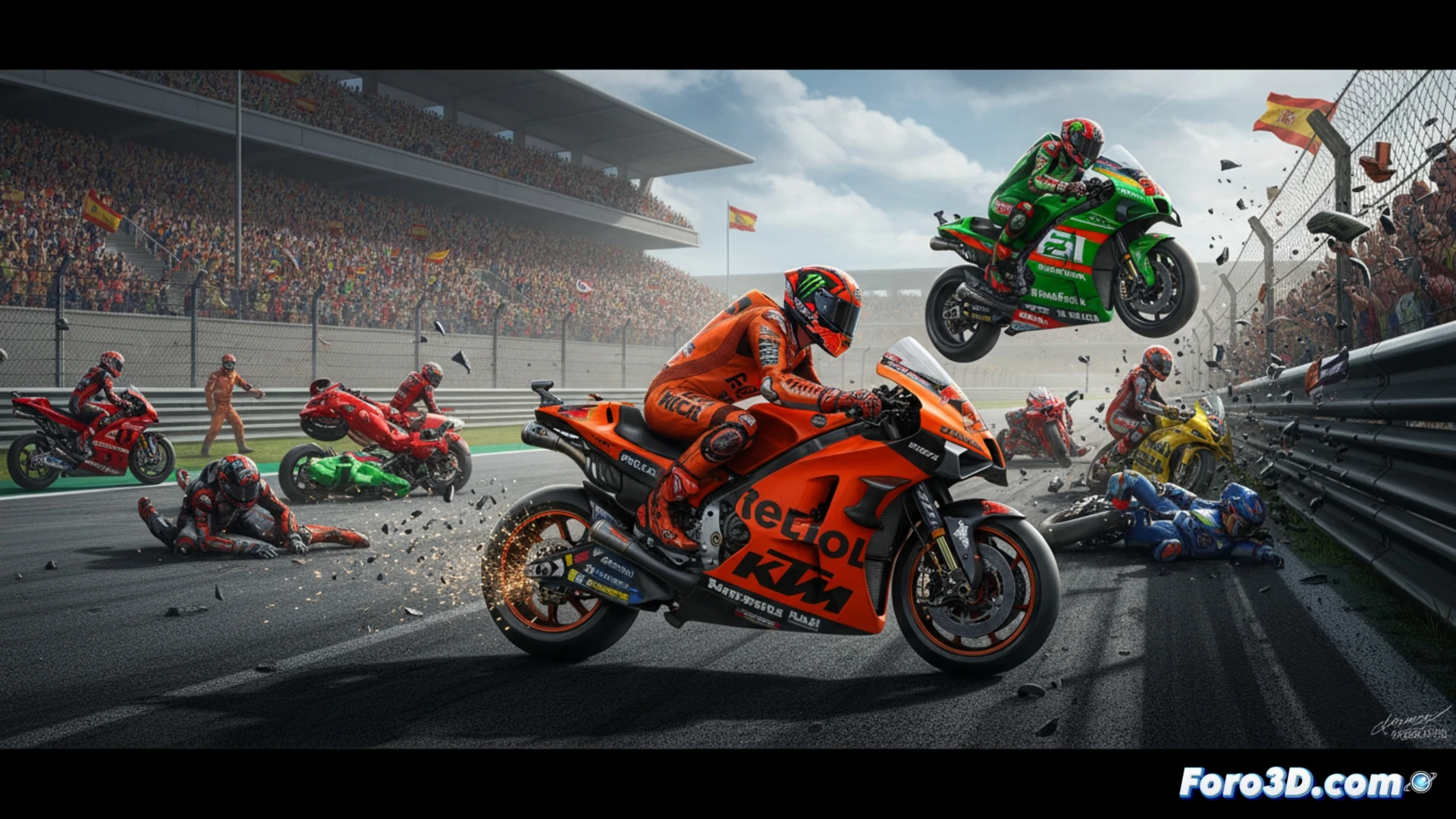 MotoGP crash sequence at high speed, KTM bike with visible mechanical failure in rear wheel assembly, Pedro Acosta losing control while leading, Álex Márquez’s bike impacting tire barrier, shattered carbon fiber fragments flying through air, debris striking nearby riders, track marshal tools scattered on asphalt, motion blur on spinning wheels, dramatic sparks from metal scraping tarmac, cinematic photorealistic engineering visualization, dynamic racing action, intense golden hour lighting, ultra-detailed motorcycle components, chaotic accident moment frozen in time