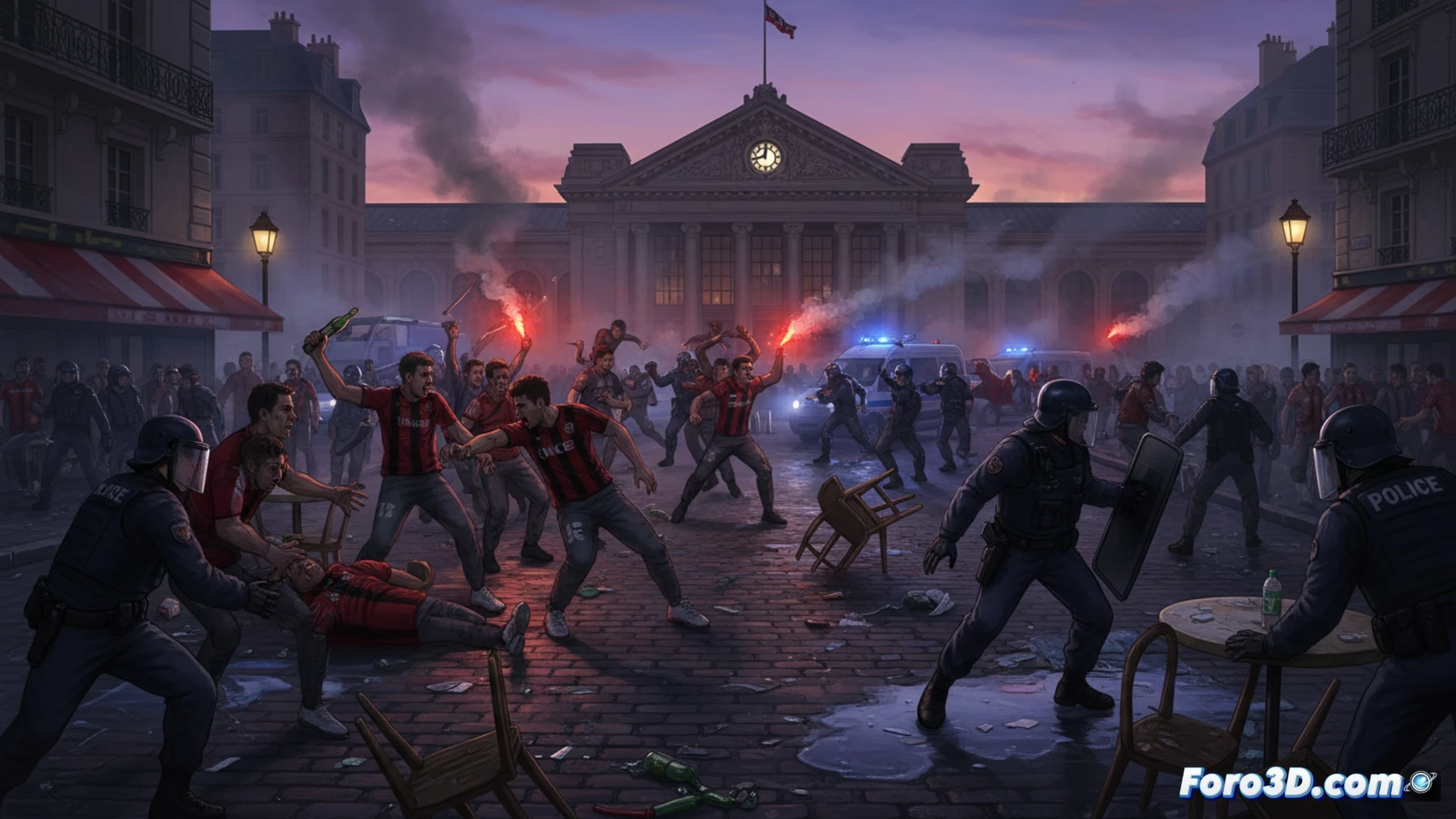 massive street brawl in Paris 10th arrondissement night scene, approximately 100 football supporters from OGC Nice fighting violently, police in riot gear making arrests, 65 individuals being handcuffed and detained, broken bottles and torn banners on cobblestone ground, emergency vehicles with flashing blue lights in background, cinematic photorealistic style, dramatic chiaroscuro lighting from street lamps and police headlights, smoke haze from flares, chaotic action with swinging punches and pushing, shattered glass reflecting neon signs, security barriers overturned, ultra-detailed crowd chaos, motion blur emphasizing violence and arrest process, gritty urban atmosphere