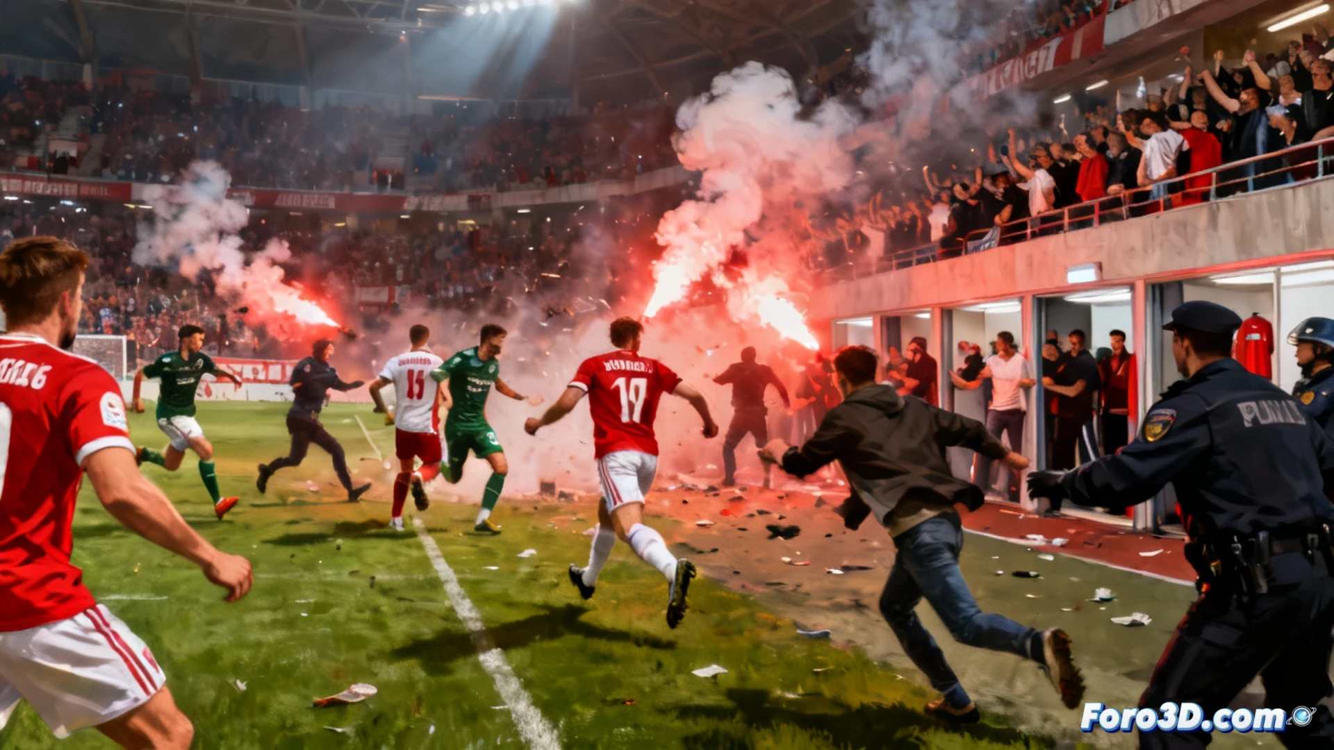 Una turba enfurecida con bengalas rojas irrumpe en el césped; jugadores del Sparta huyen al vestuario mientras la policía antidisturbios carga entre el humo y el caos.