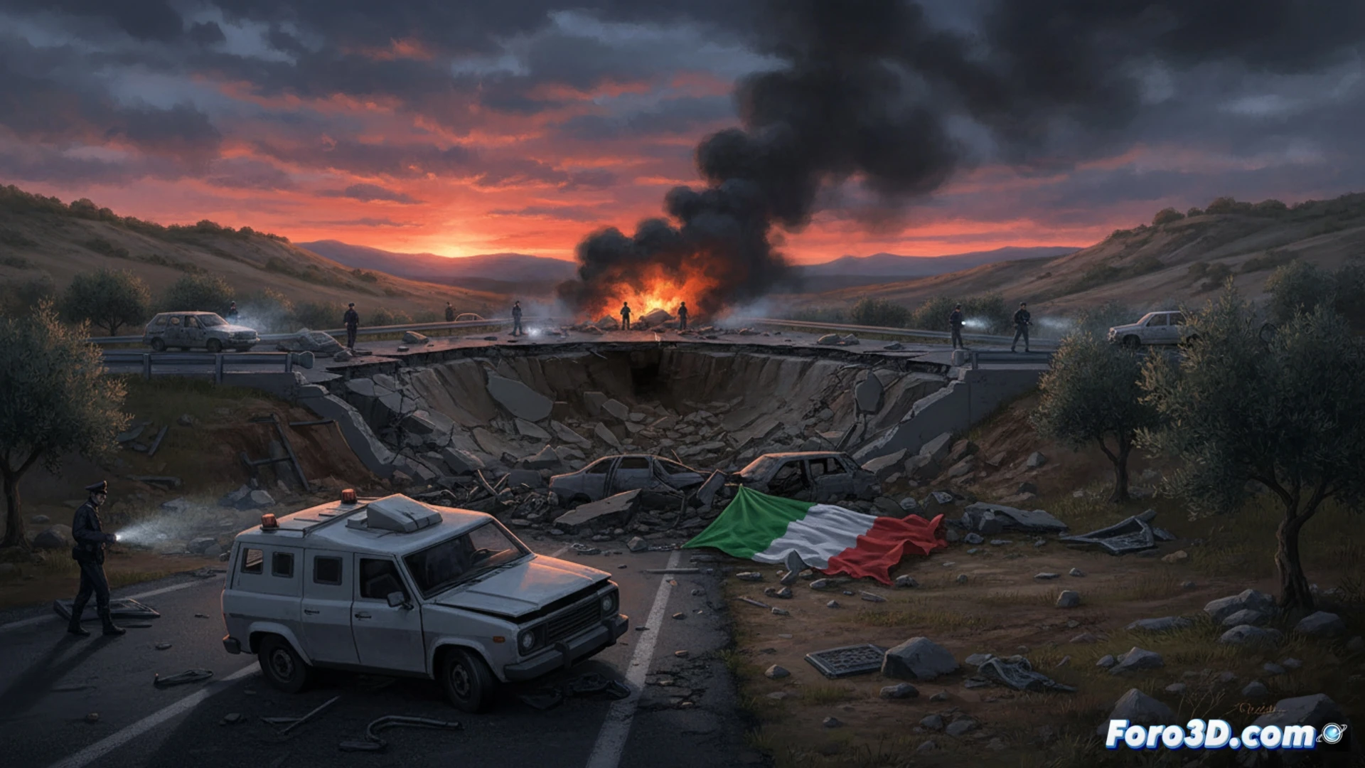 explosion shockwave ripping through asphalt highway, massive crater with twisted car wreckage and debris fragments suspended mid-air, concrete barriers shattered, metal guardrails bent outward, smoke and dust cloud expanding under bright daylight, cinematic photorealistic visualization, dramatic low-angle wide shot, intense orange flames mixed with grey smoke, scattered mechanical debris from a destroyed vehicle, hyper-detailed destruction textures, realistic lighting with harsh shadows, motion blur on flying rubble, catastrophic industrial accident scene
