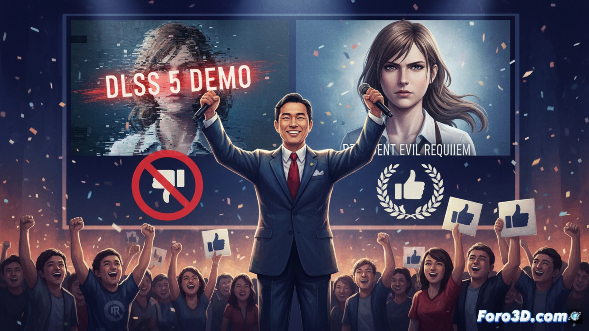 Un monitor muestra a Leon y Grace pixelados, con una burbuja de texto de Capcom celebrando: 'Odio a la demo DLSS 5 confirma nuestro diseño'.