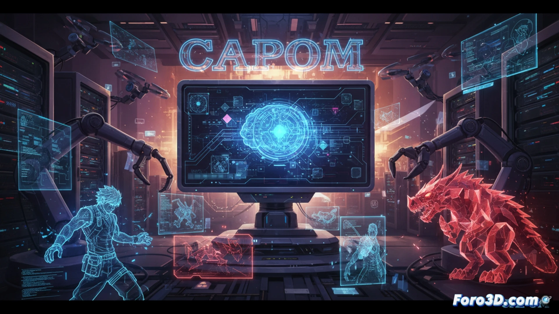 game development studio workspace, three developers collaborating at monitors, one screen showing AI-generated code error detection with highlighted bugs, another screen displaying user data analytics graphs, third monitor with game asset pipeline, holographic interface floating above desk showing neural network processing game files, engineers pointing at efficiency metrics, robotic arm sorting through digital game assets, clean modern office with Capcom-style game posters, cinematic technical illustration, blue and orange lighting, photorealistic render, sharp focus on AI interface and human interaction, dramatic shadows, ultra-detailed workstation
