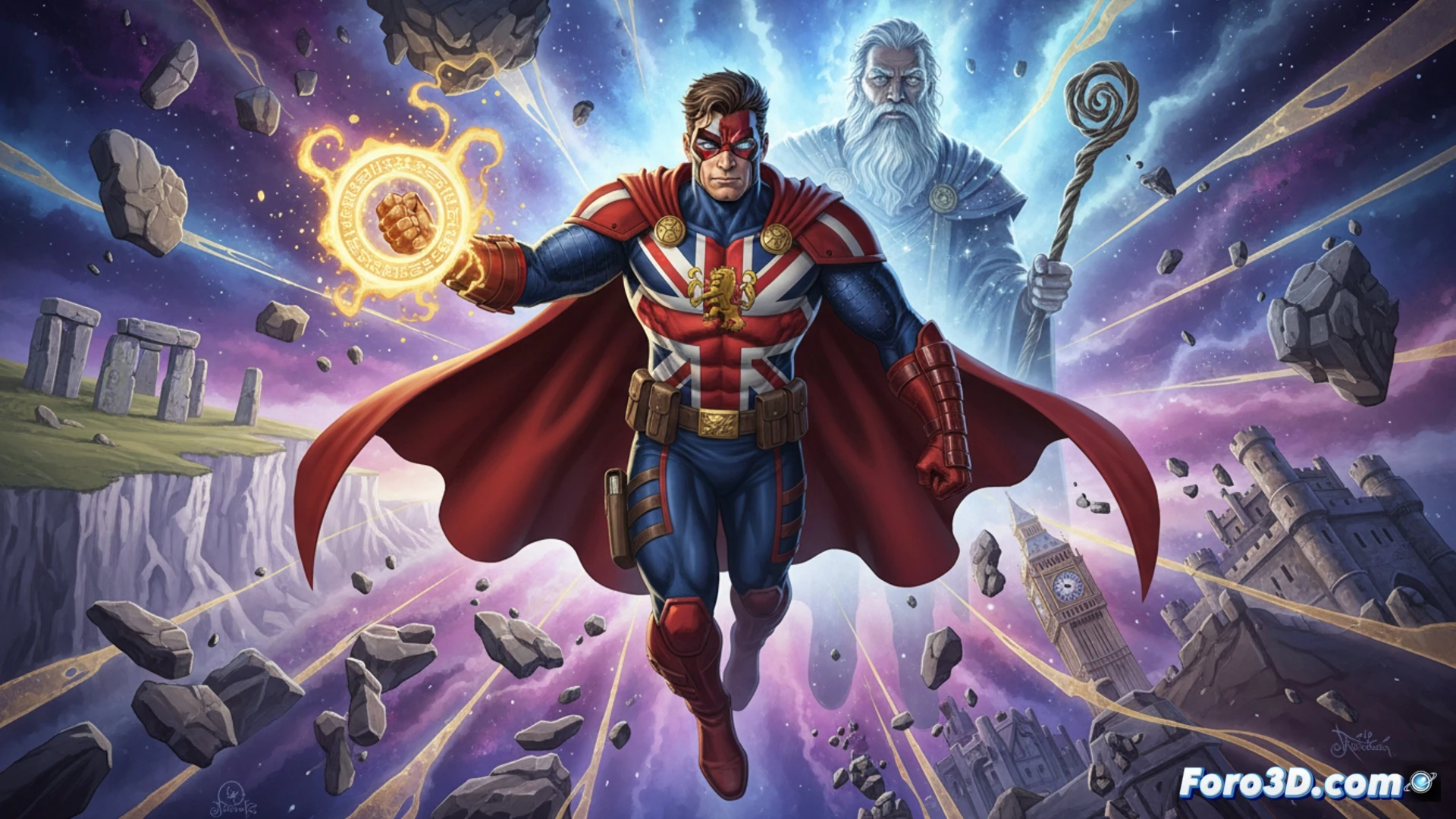 Capitán Britania, con armadura azul y capa roja, alza el Amuleto de la Justicia, irradiando energía mágica desde Otro Mundo sobre un paisaje brumoso.