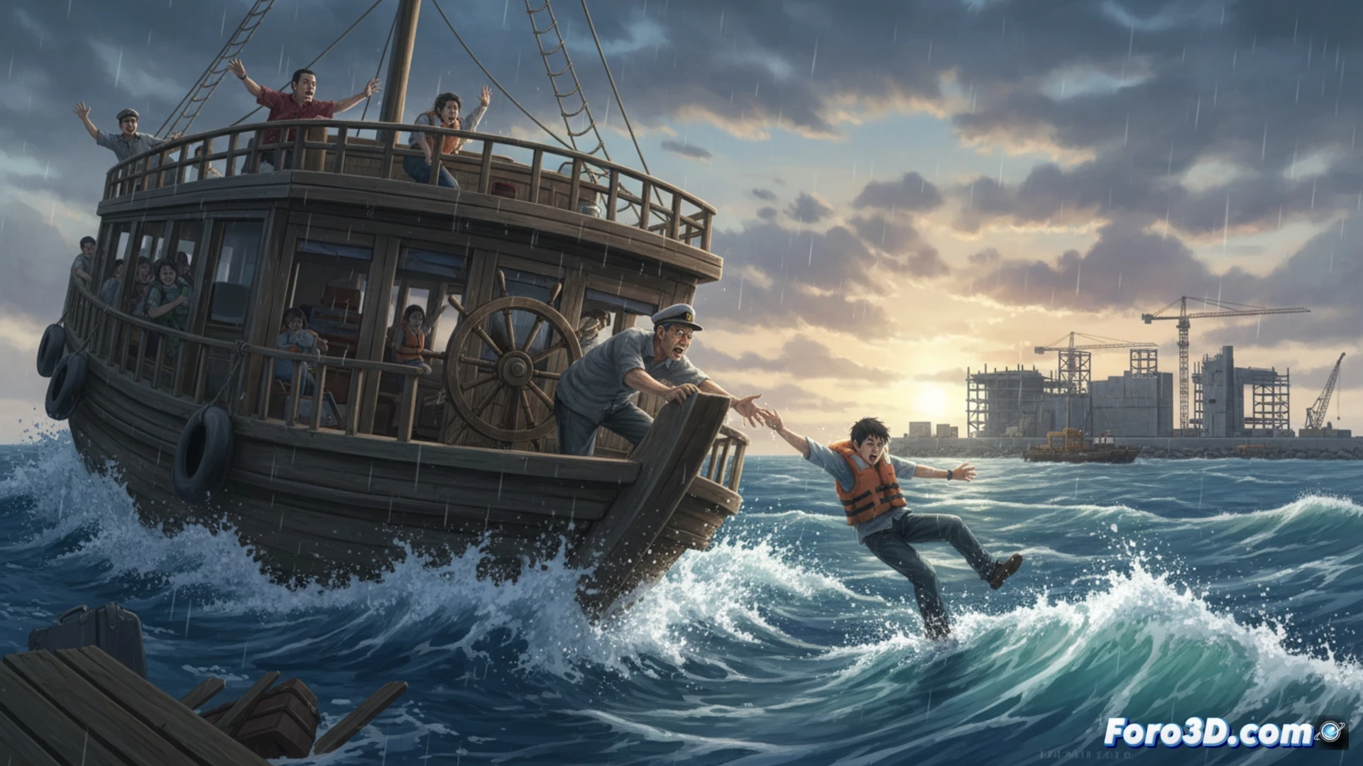 small boat capsizing in rough sea near Okinawa coast, captain wearing uniform stepping back from helm while student in school uniform grabs wheel, sudden wave impact tilting vessel, ferry deck with safety rails and life rings, distant construction cranes over Henoko bay, overcast sky with storm clouds, realistic maritime accident scene, cinematic lighting with dark blue water and white foam, emergency beacon flashing on deck, photorealistic technical illustration, dramatic angle showing boat at 45-degree tilt, water flooding over gunwale, distressed passengers visible, ultra-detailed hull texture and rigging