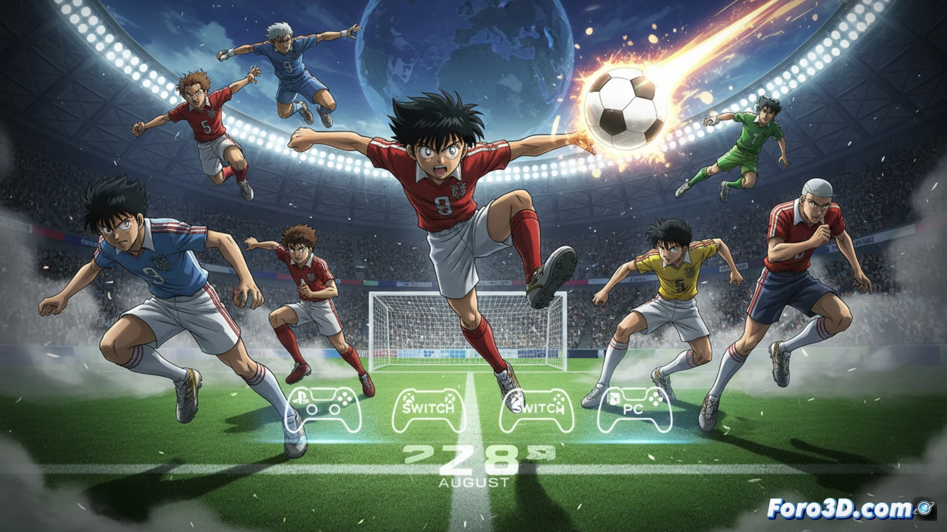 Oliver y Benji chutan en un campo de fútbol vibrante bajo un cielo anaranjado, con el logotipo del juego y consolas PS5, Xbox, Switch y PC.